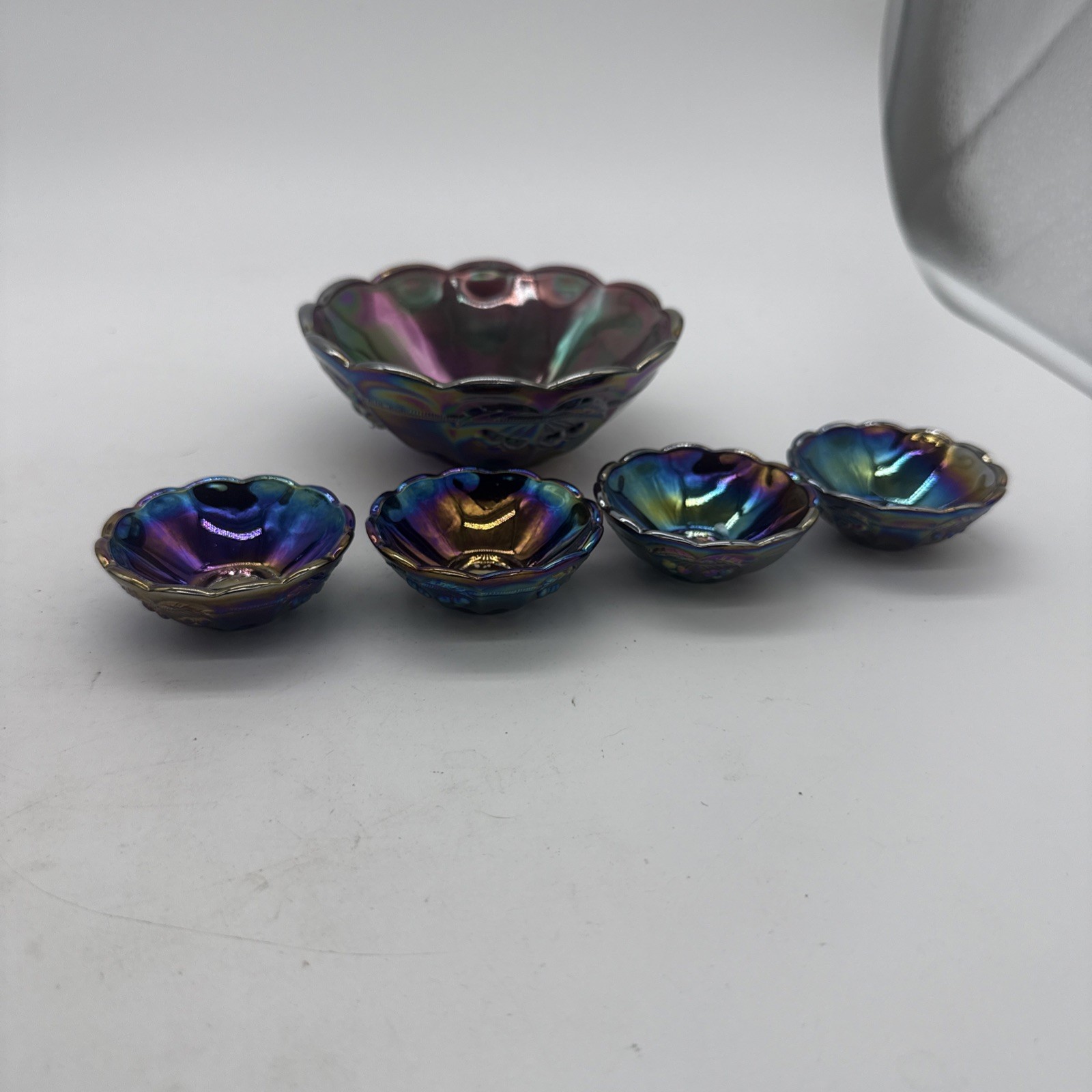 Vintage Mosser Carnival Glass Salt Cellar Set Cherry Motif RARE Vintage Mosser Carnival Glass Salt Cellar Set Cherry Motif RARE