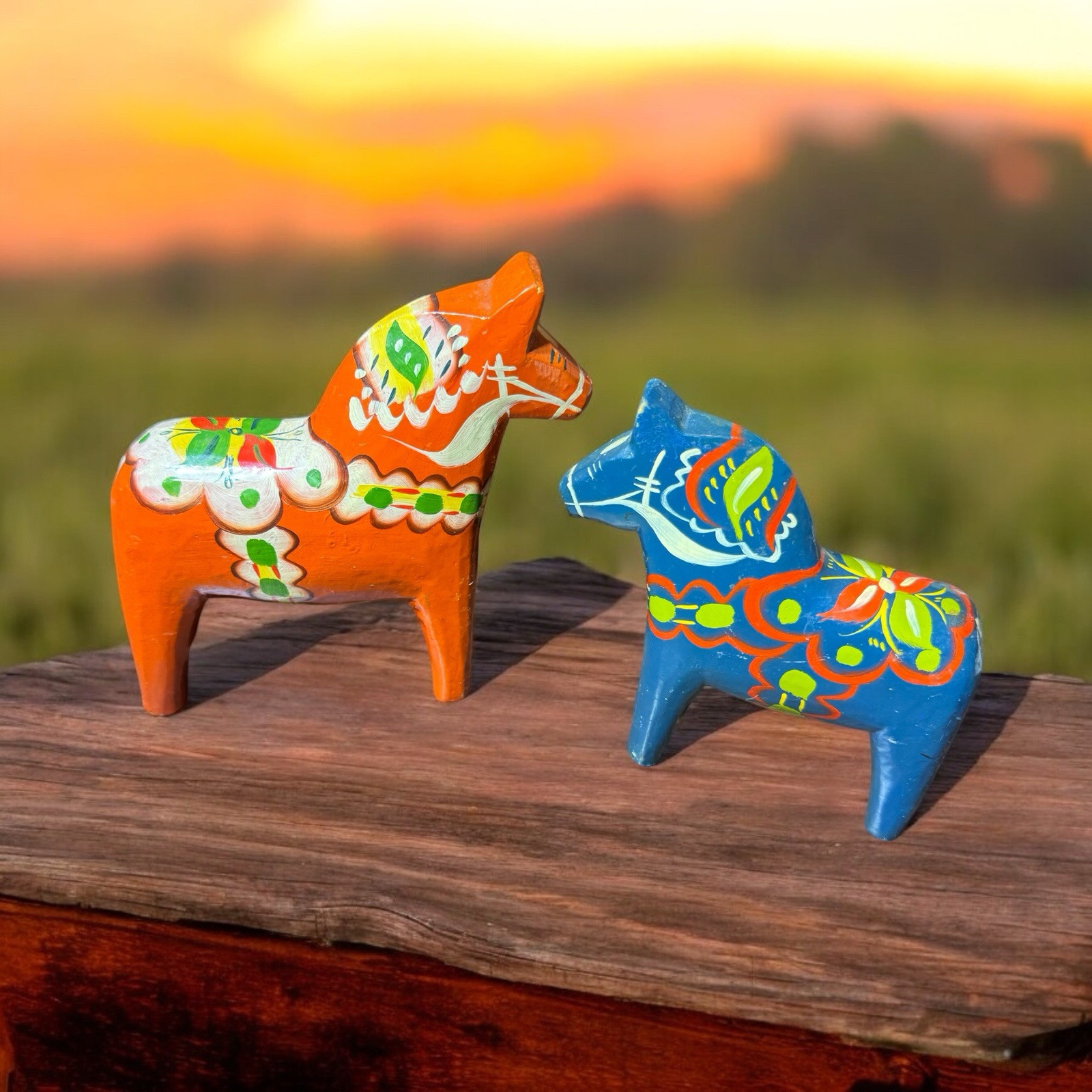 2 VTG Red Blue Wood Dala Horse Nils Olsson Akta Dala Hemslojd Handpainted Sweden