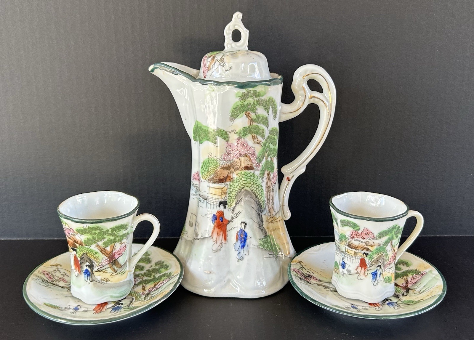 Antique Nippon Chocolate Pot Set Hand Painted Geisha Girls & Landscape Scene