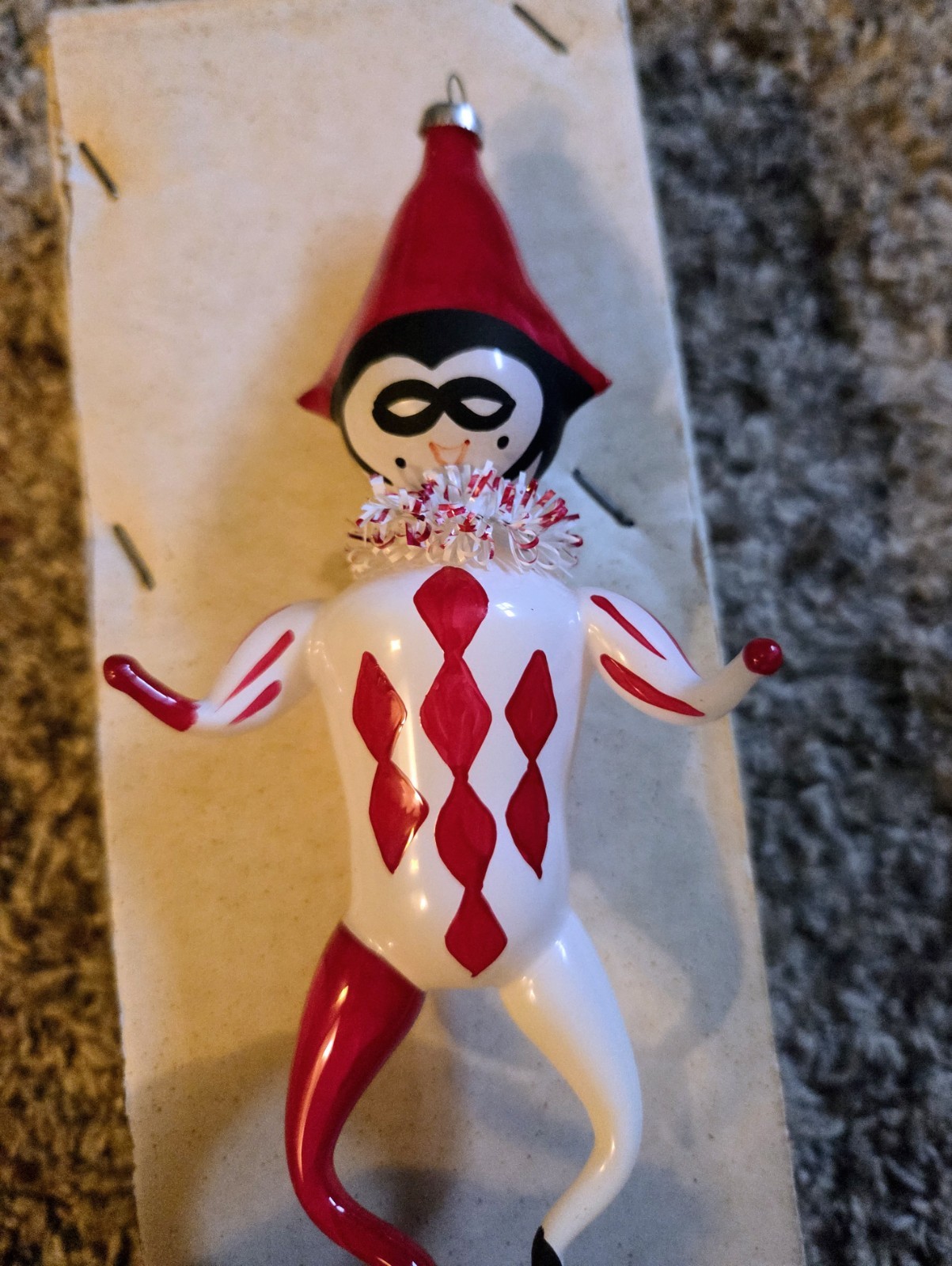 Vtg De Carlini Italy Blown Glass Harlequin Jester Christmas Ornament Red Diamond