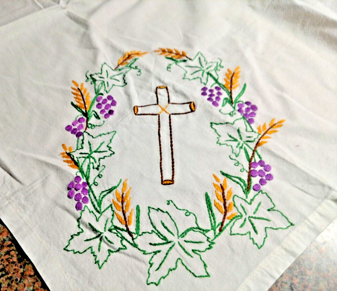 Vintage Hand Embroidered Linen Tablecloth Cross Church Grapes Wheat Square 30\