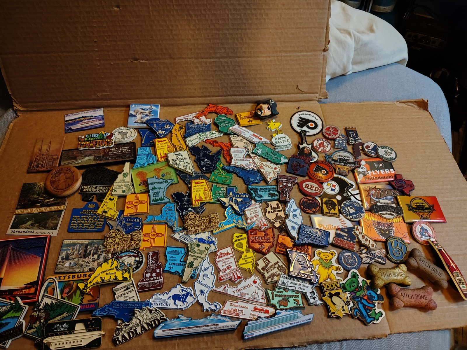 Vintage Lot Of 123 Fridge Magnets Mostly Rubber with States, Sports, Travel Etc