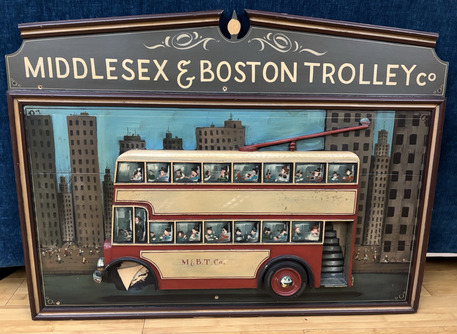 OOAK Antique? Vntg Middlesex & Boston Trolley Co 3D M B T Wood Painted Sign ASIS