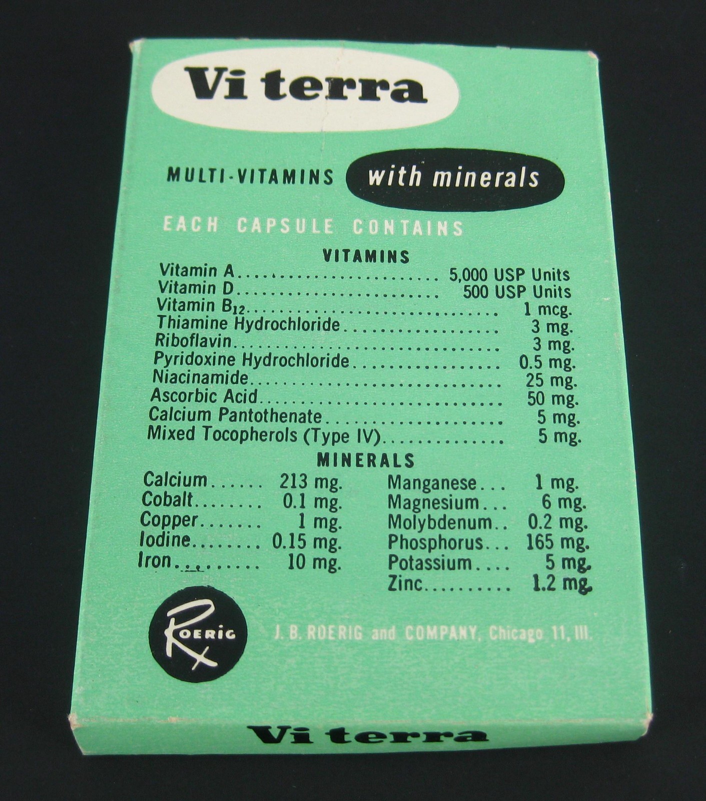 EMPTY Viterra Multi Vitamin Box J.B. Roerig & Company Chicago IL 1950s Vtg Prop