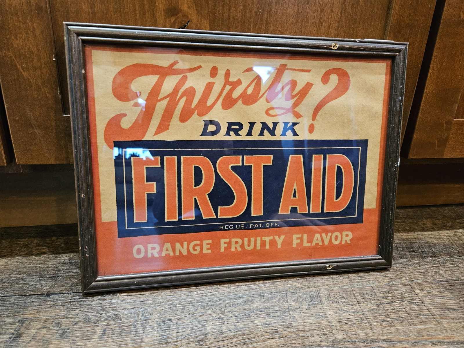 Vintage 1920s FIRST AID Orange Fruity Flavor Soda Cardboard Sign 10x14 St Louis