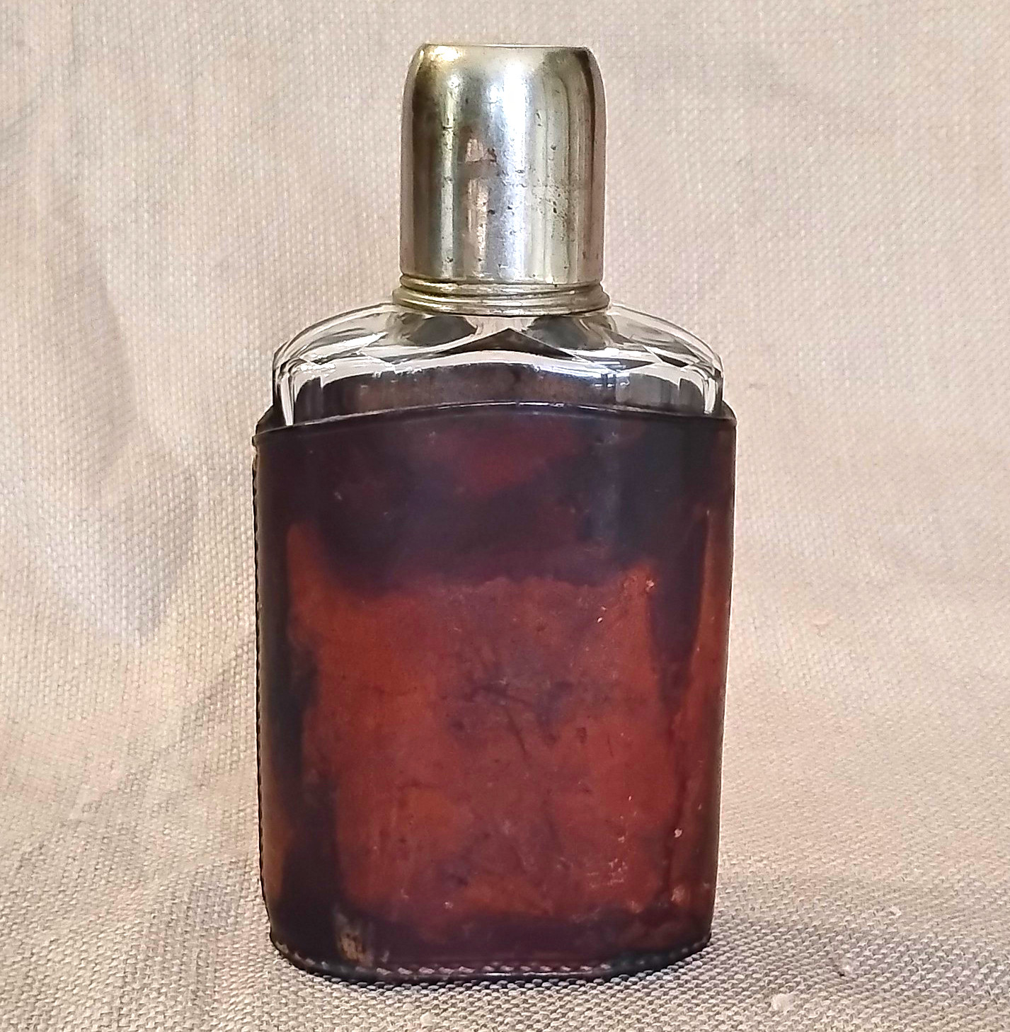 Vintage Glass Pocket Flask w/ Brown Leather Case, Metal Screw Cap & Cup