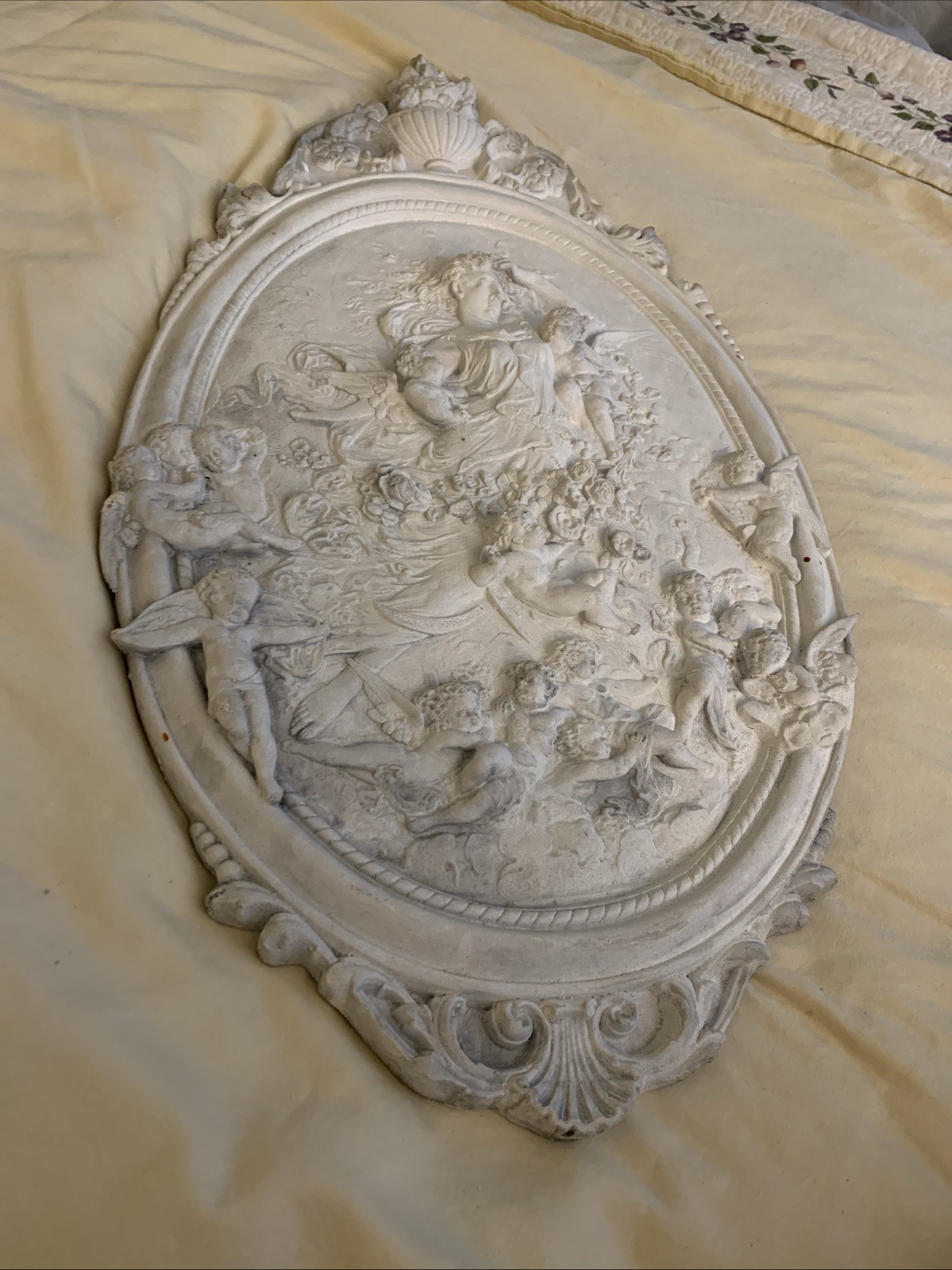 Antique XL Ceramic chalk wall plaque panel cherub angels nymph relief rare