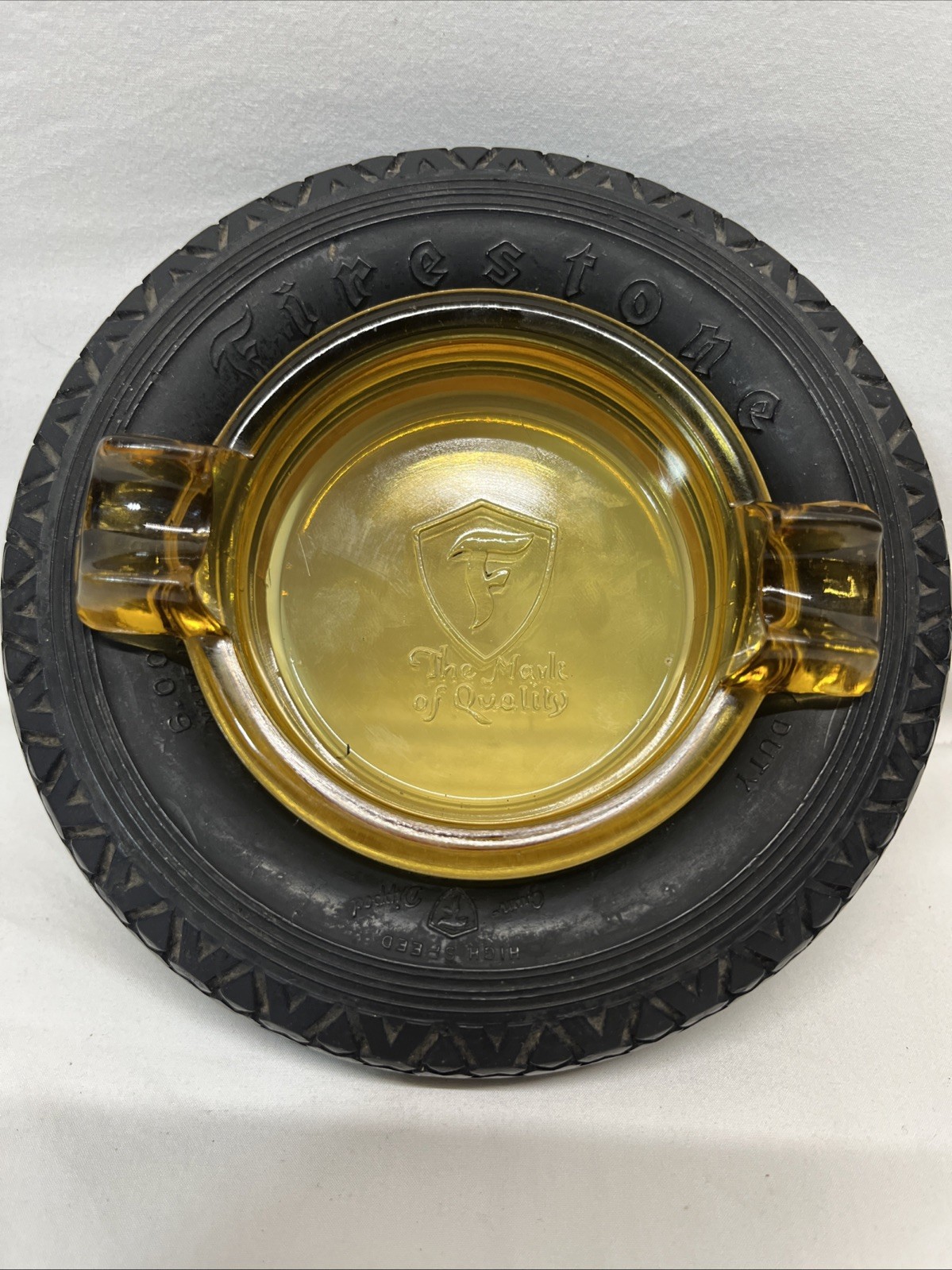 mint 1920\'s FIRESTONE amber glass High Speed 6.00-18 TIRE advertising ashtray wb