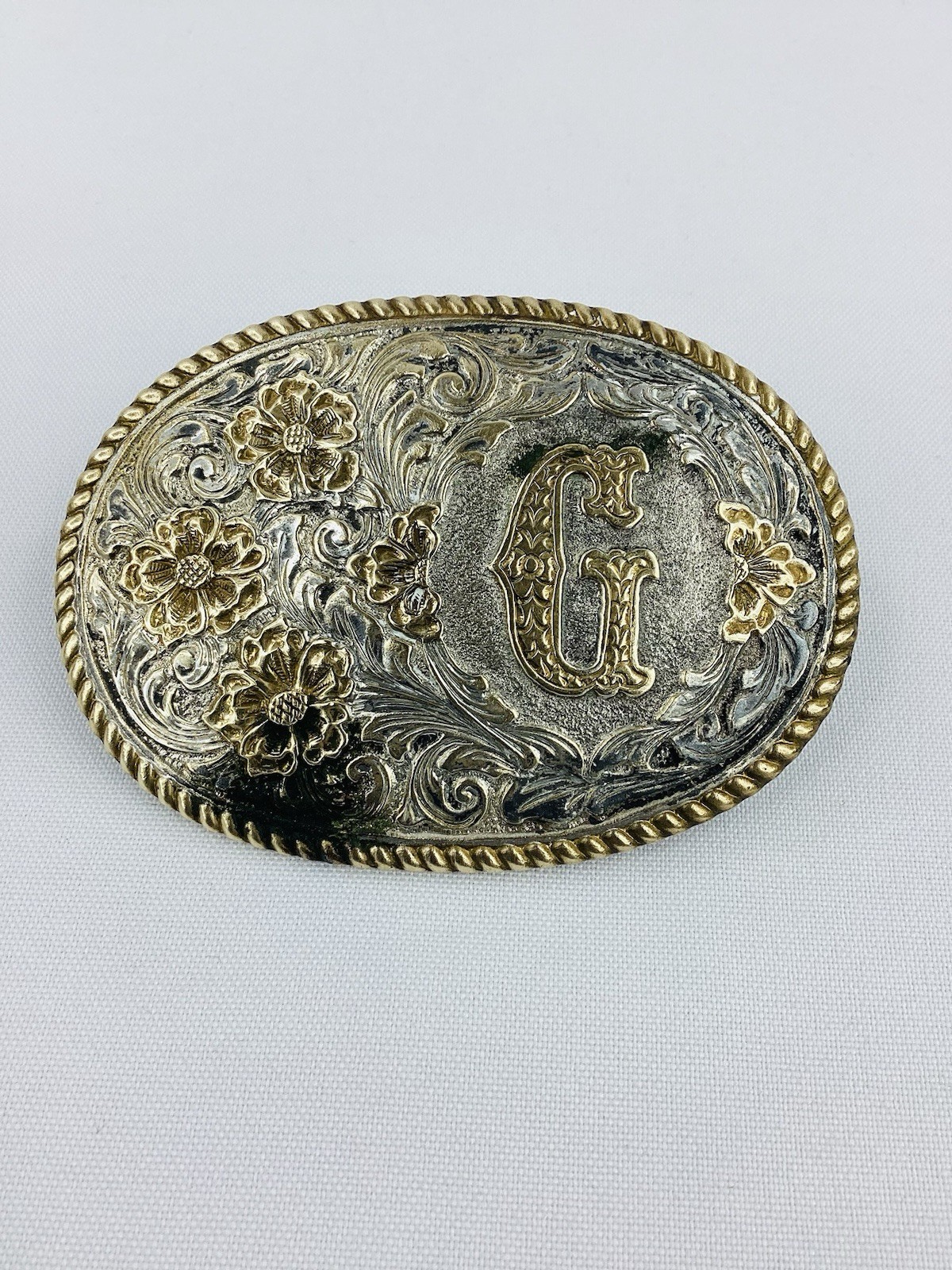 Vintage Crumrine El Arturo Bronze G Monogram Western Belt Buckle Floral 1980s