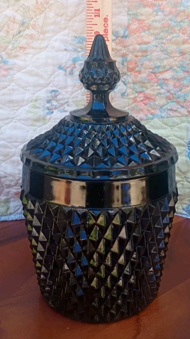 Vintage Indiana Glass Tiara Cameo Black Diamond Point Lidded Apothecary 10 Vintage Indiana Glass Tiara Cameo Black Diamond Point Lidded Apothecary 10