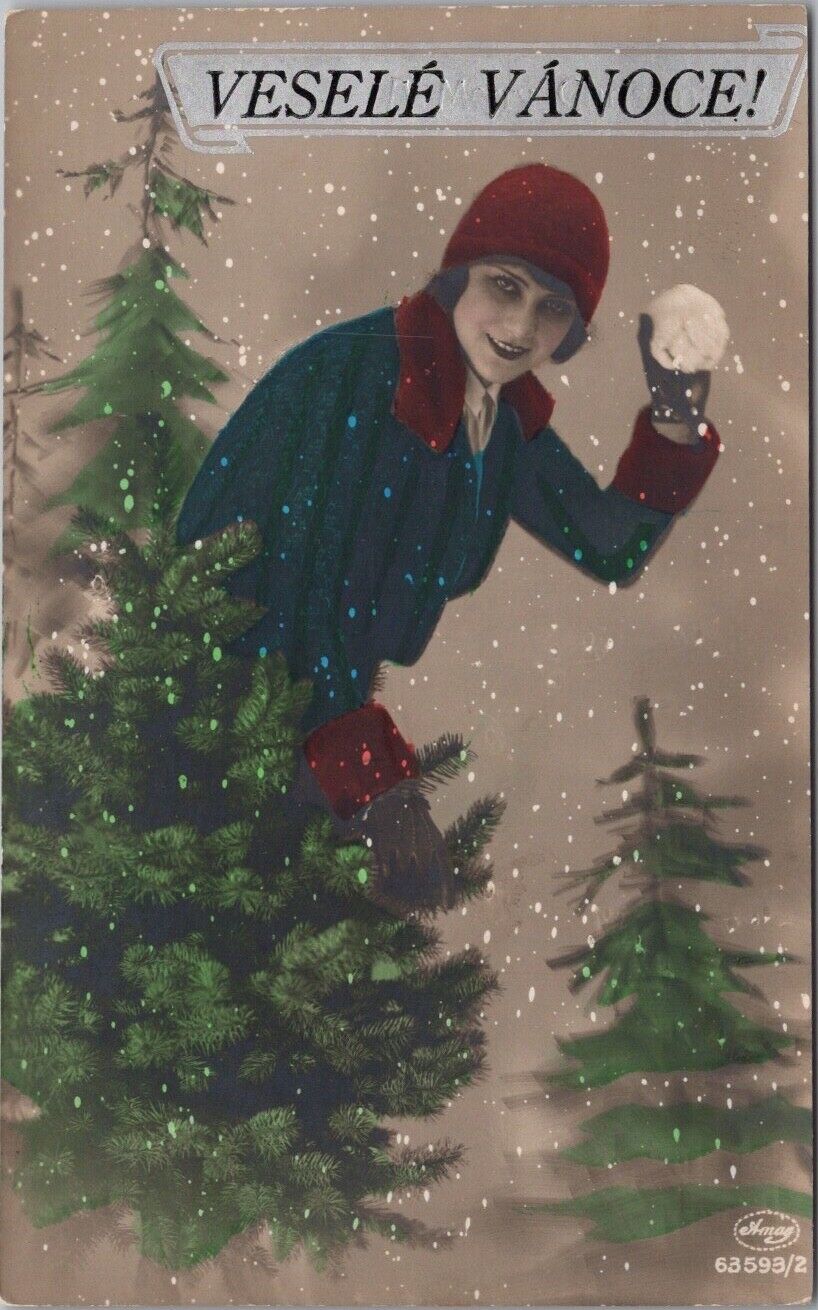 c1910s European / Czech CHRISTMAS Postcard Girl w/ Snowball \