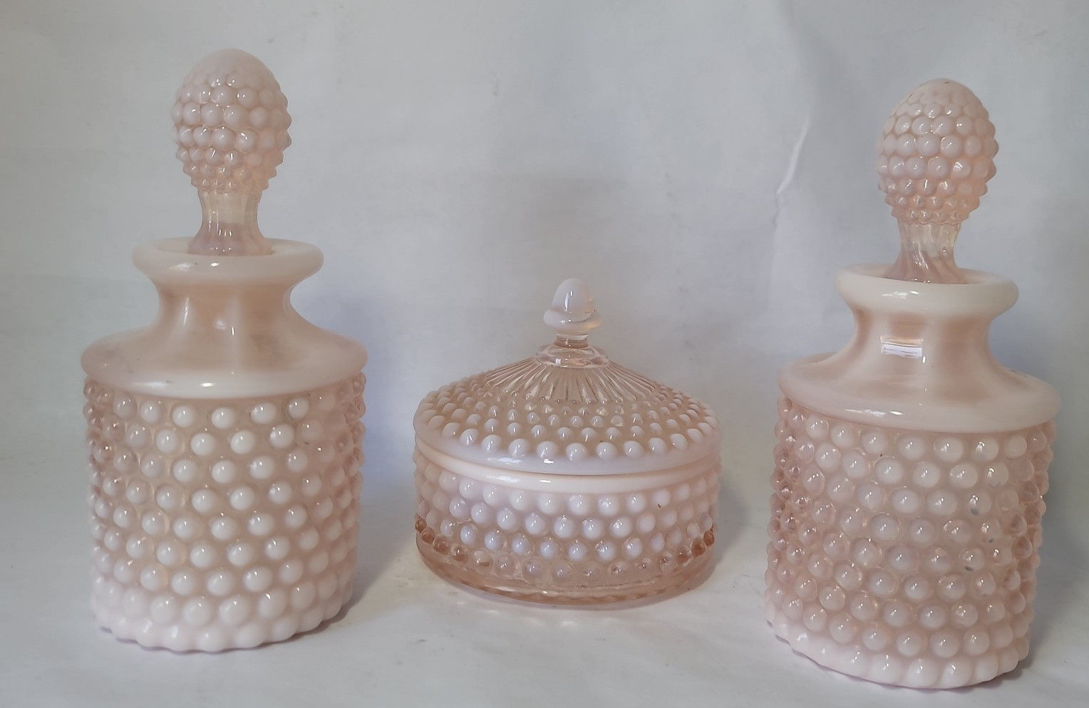 Vtg Vanity Set Duncan&Miller Art Glass Hobnail Pink Powder & Perfume Bottles