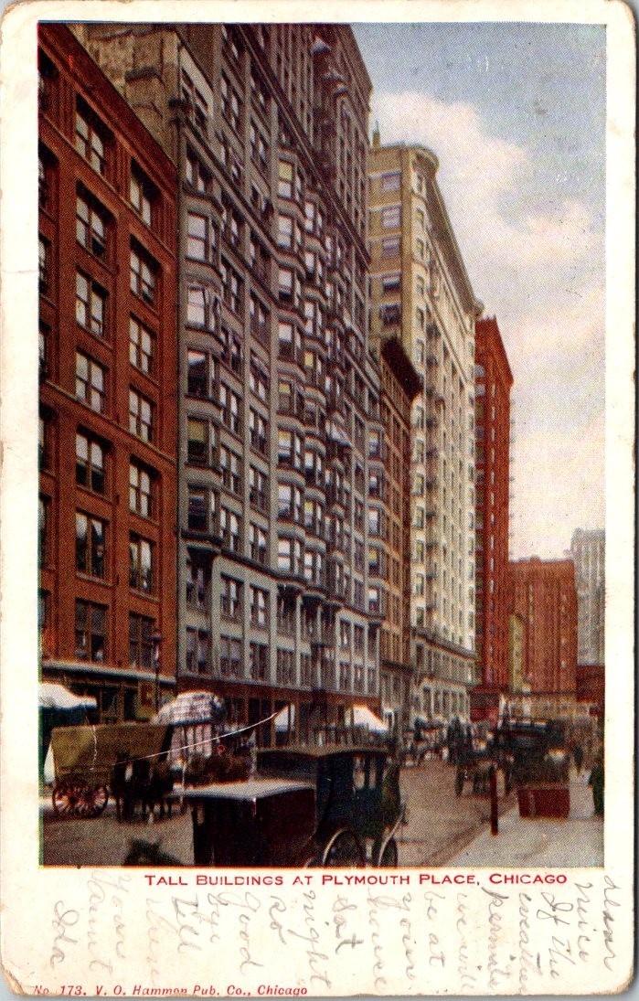 1907 Tall Buildings at Plymouth Place, Chicago, Illinois, Street Scene, 1421