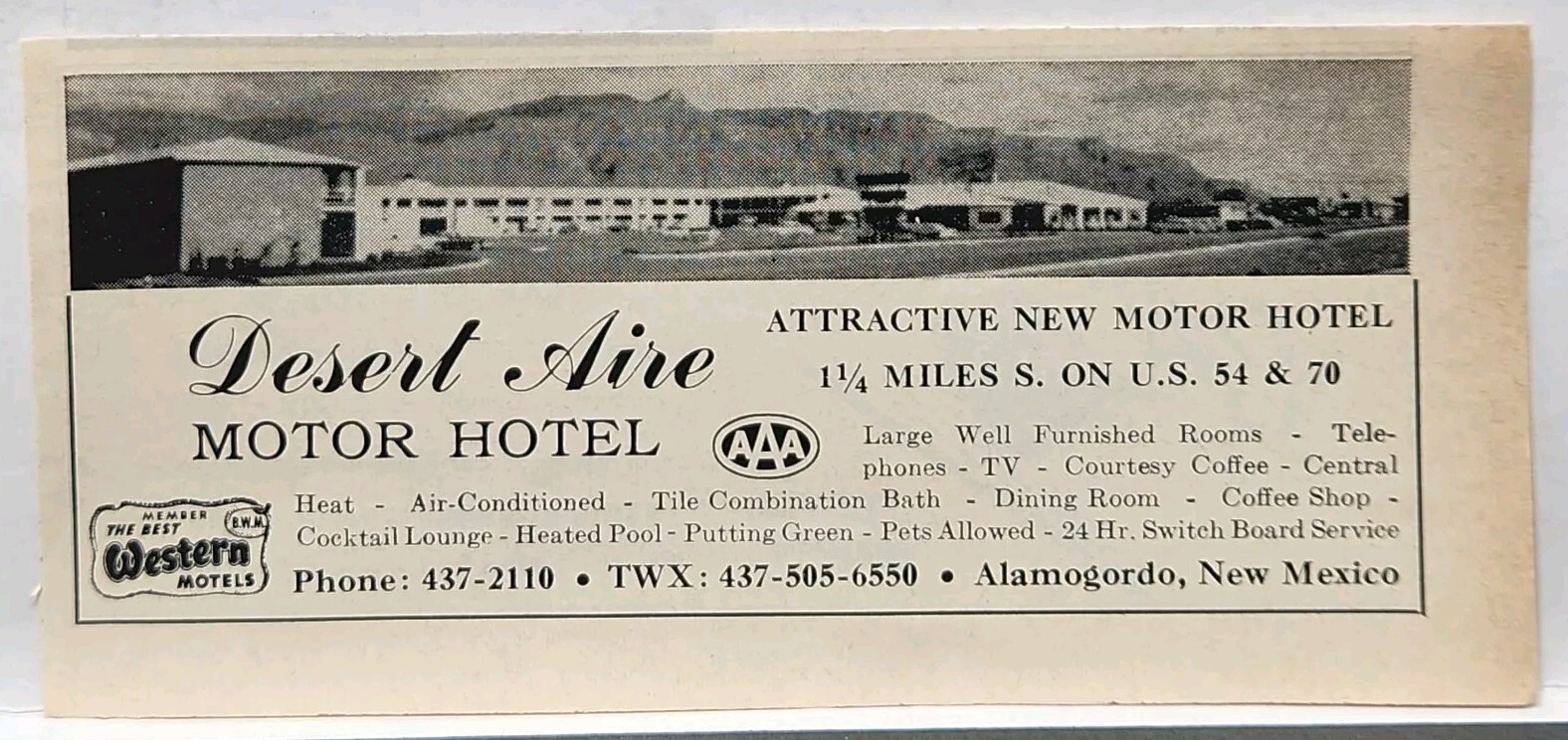 1964 Desert Aire Motor Hotel Alamogordo New Mexico US 54 Original Print Ad 5\