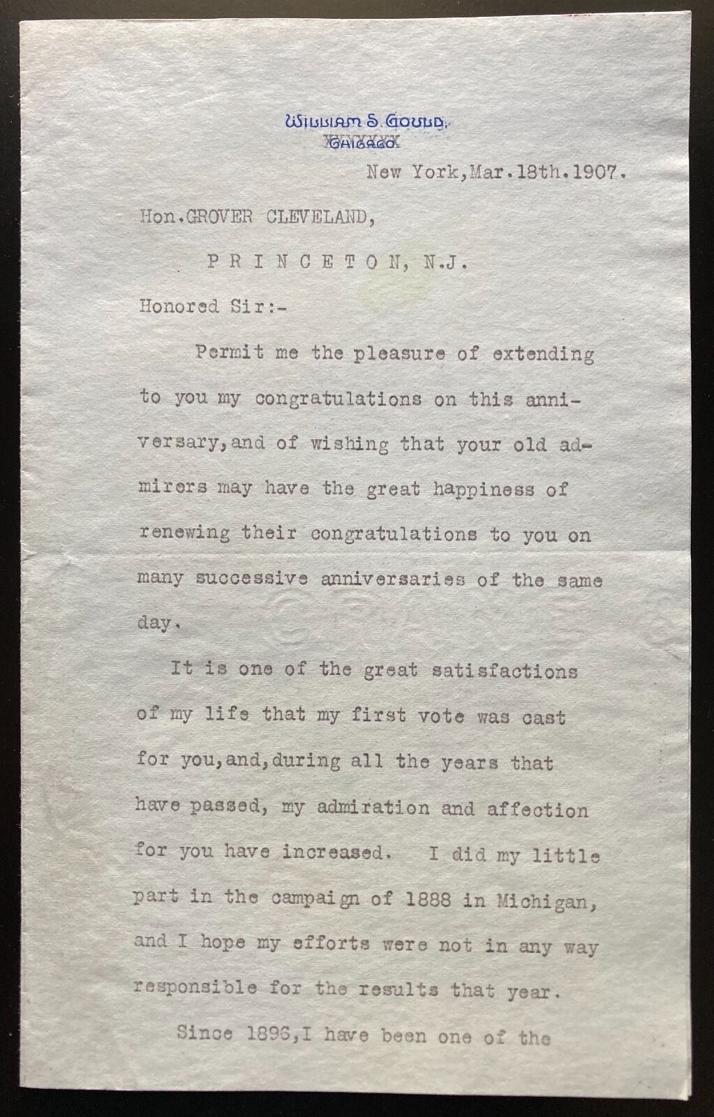 March 18, 1907  Birthday Congrats to Grover Cleveland from William S. Gould
