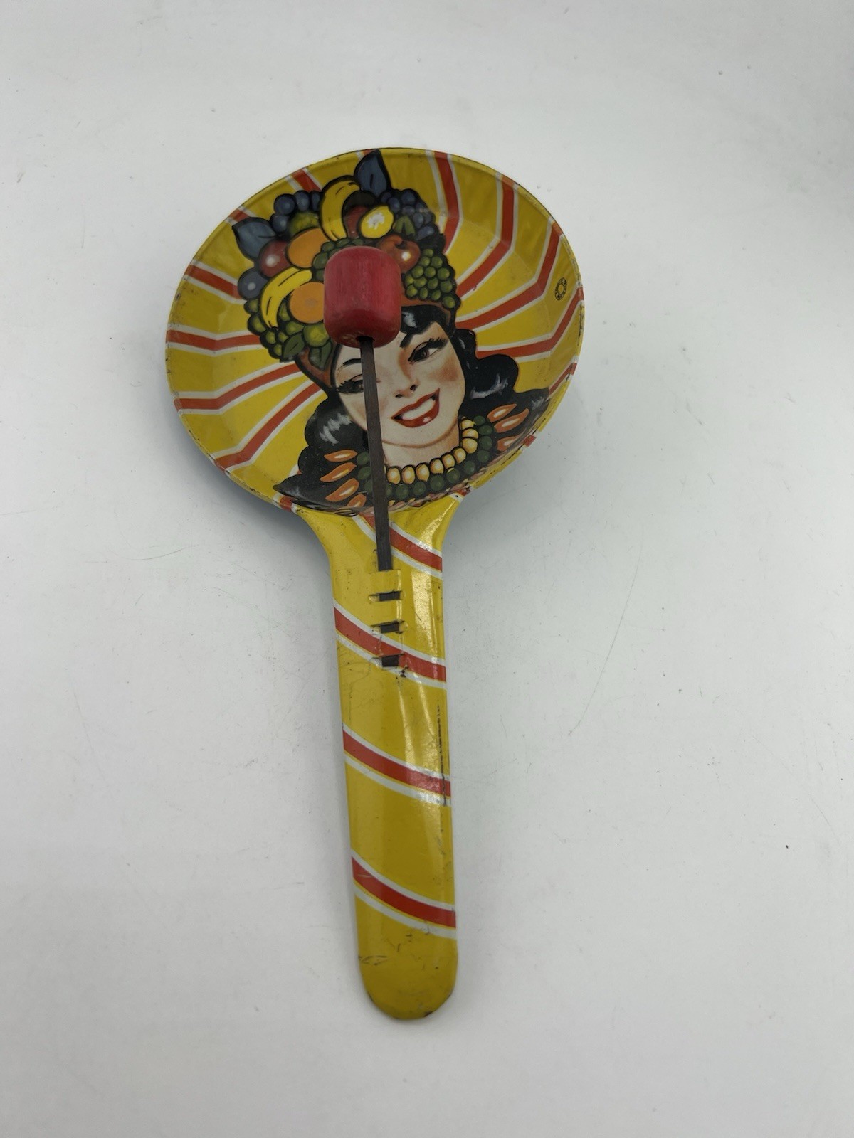 Vintage T Cohn Tin Carmen Miranda Fruit Lady Noisemaker New Years Party Toy