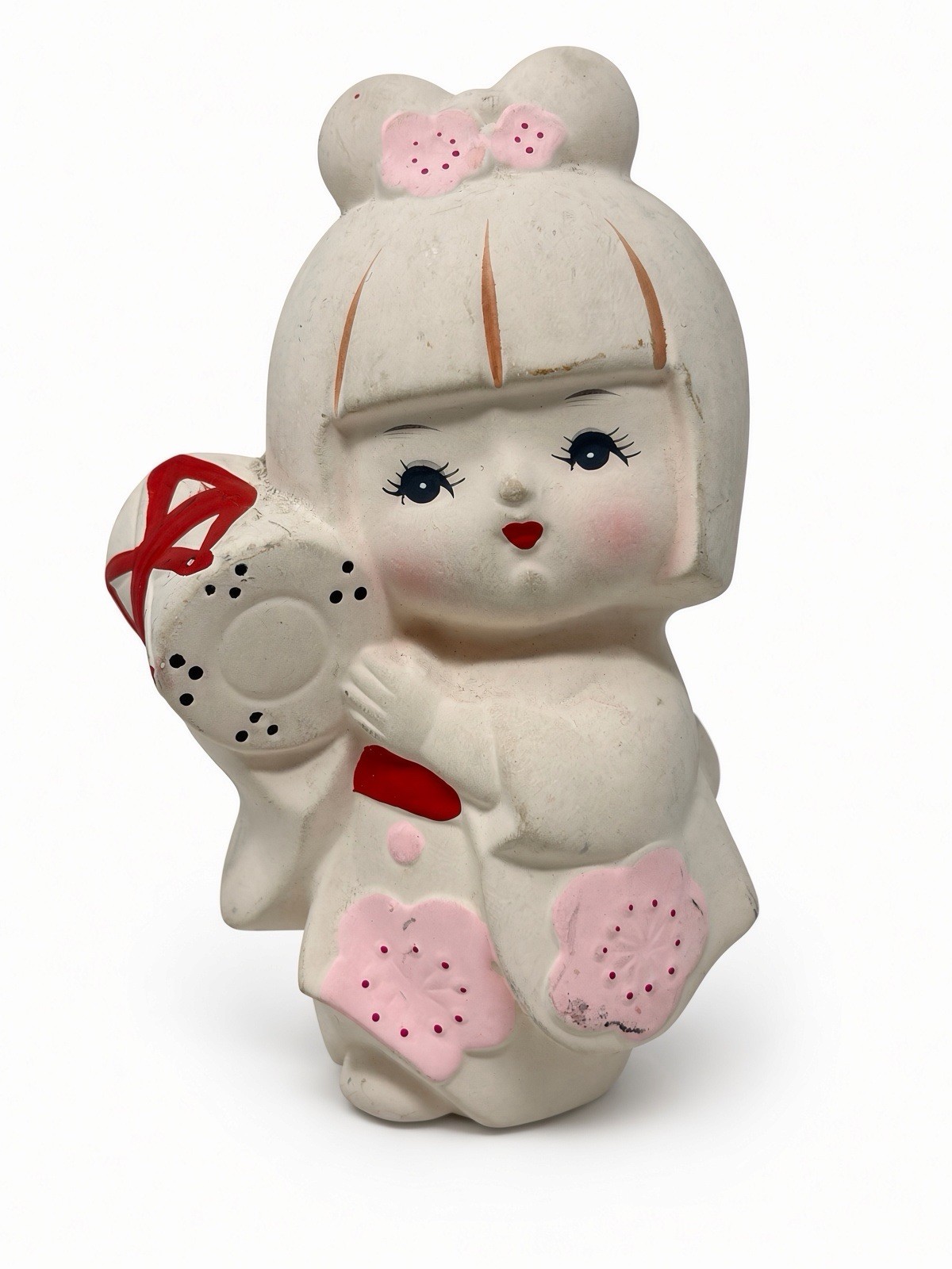 Vintage Japanese Girl Figurine Holding Drum Chalkware Ceramic