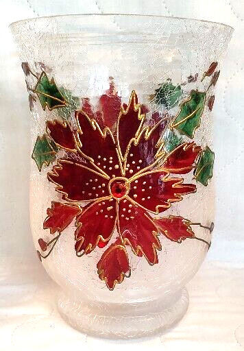 Poinsettia Christmas Vase with Clear and Frosted Crackle Glass 8\