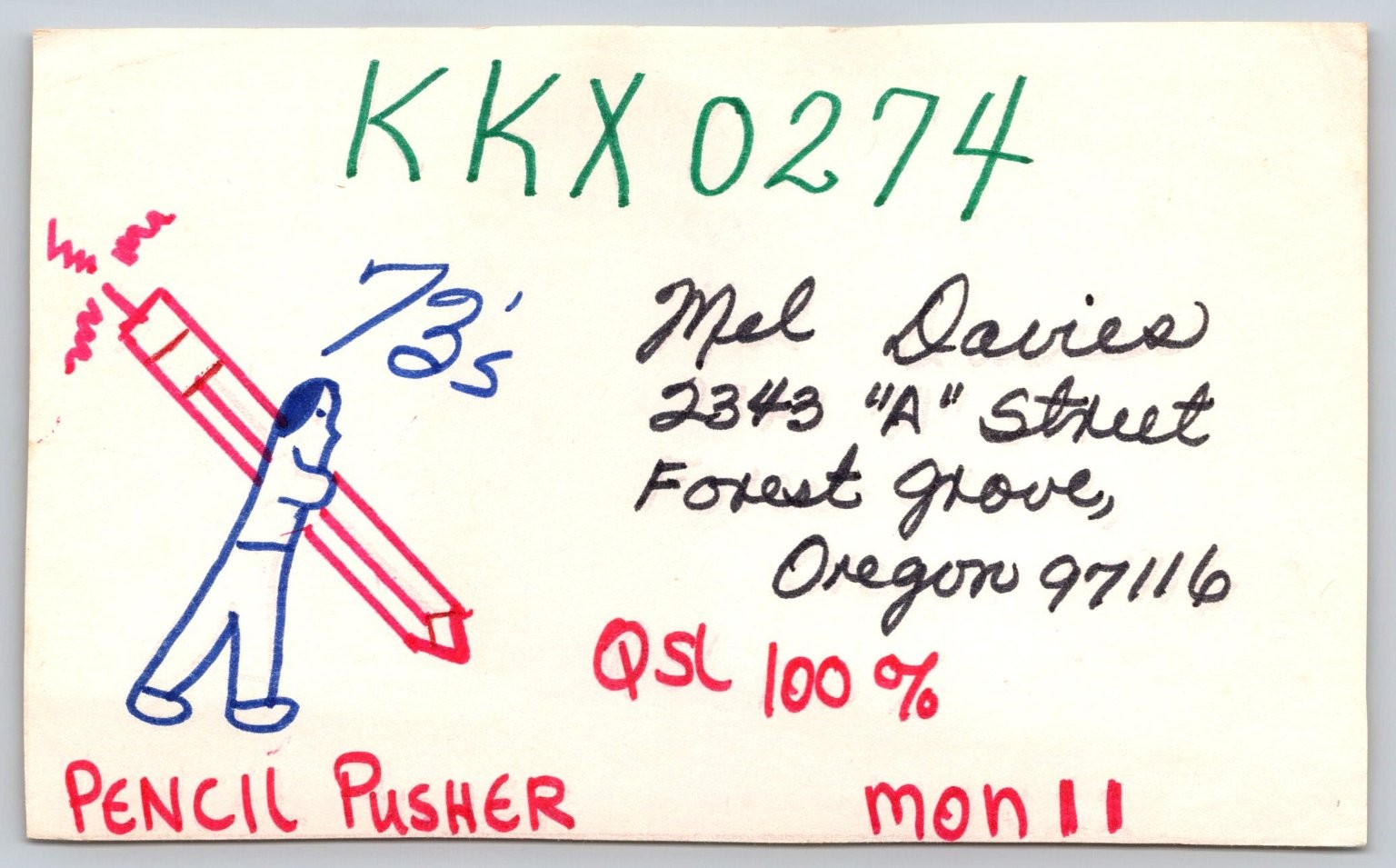Vintage QSL Card Mel Davies Forest Grove Oregon Amateur Radio Pencil Pusher B172 Vintage QSL Card Mel Davies Forest Grove Oregon Amateur Radio Pencil Pusher B172
