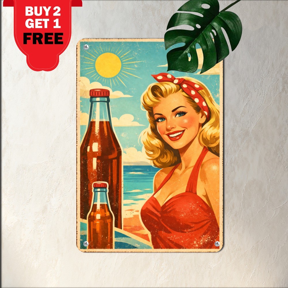 Vintage Ocean Beach Drink Maiden Metal Sign Classic Coastal Tin Plaque 8x12