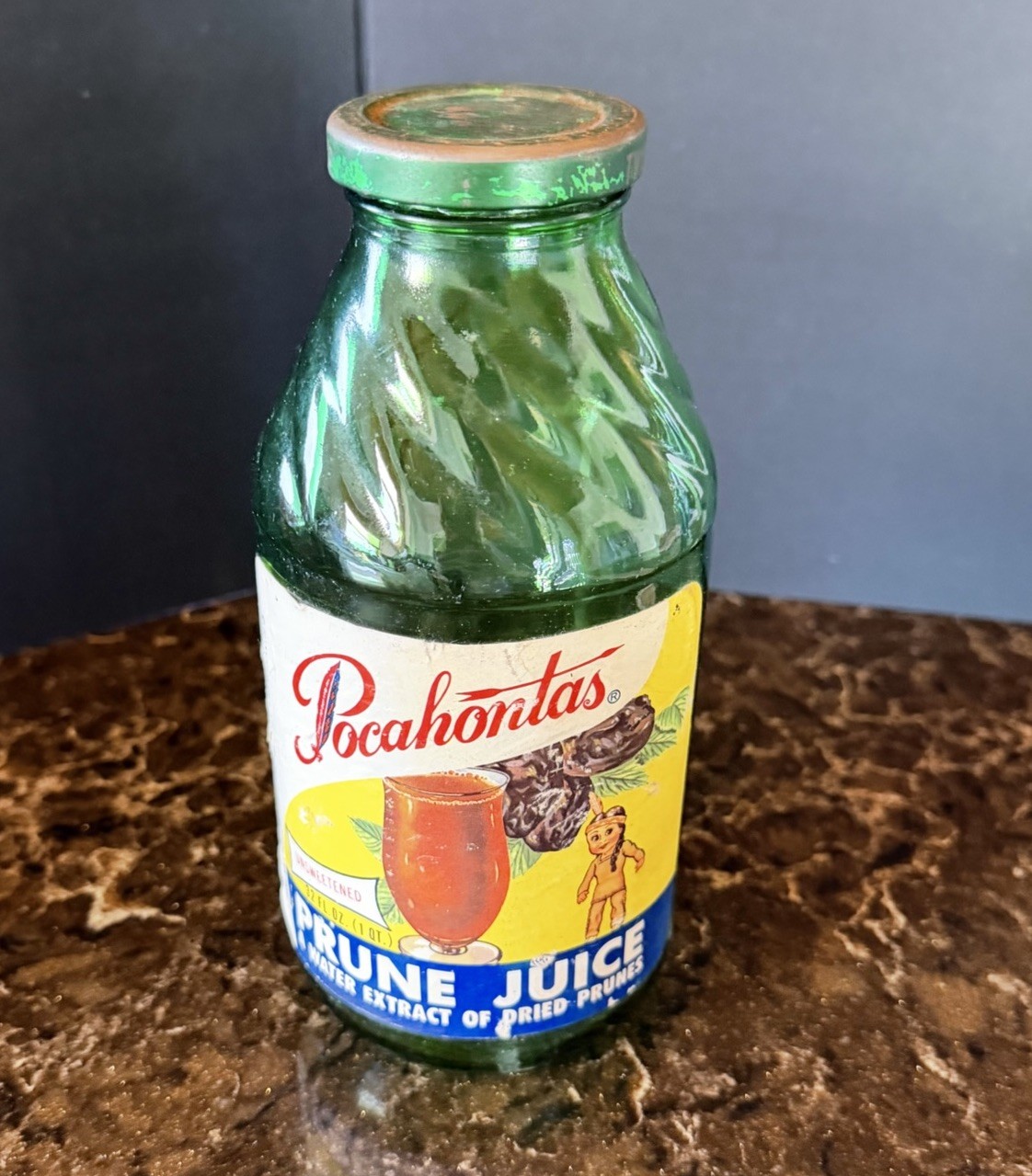 Vintage 1963 POCAHONTAS Prune Juice GREEN GLASS BOTTLE w/ Paper Label - 32 fl oz
