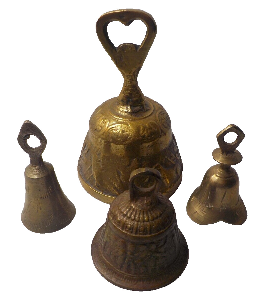 4 Vintage Brass Bells Dinner Service Handheld Mid East design