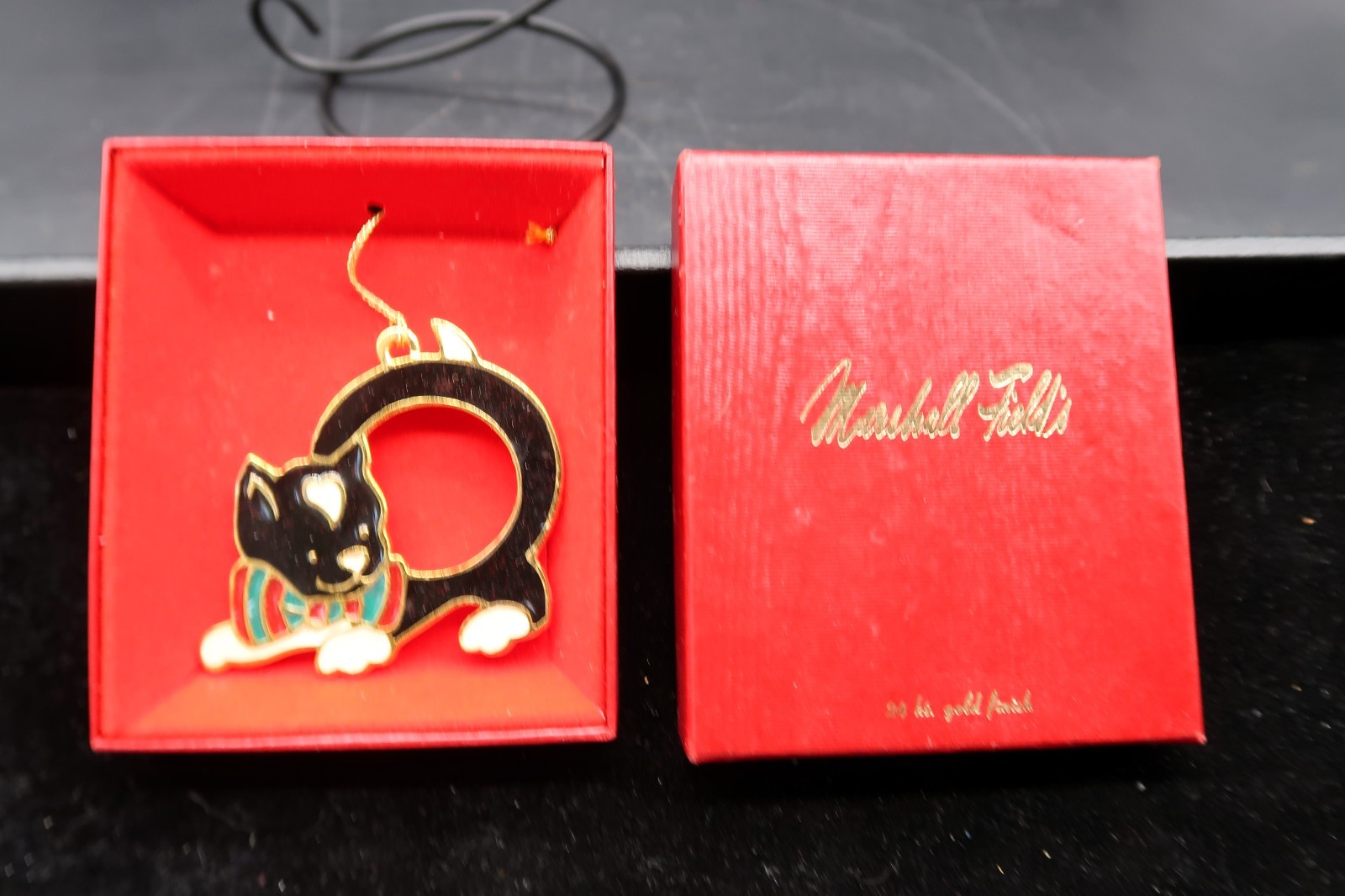 Vtg Marshall Field's 24K Gold Finish Kitten Cat Enamel Christmas Ornament Box