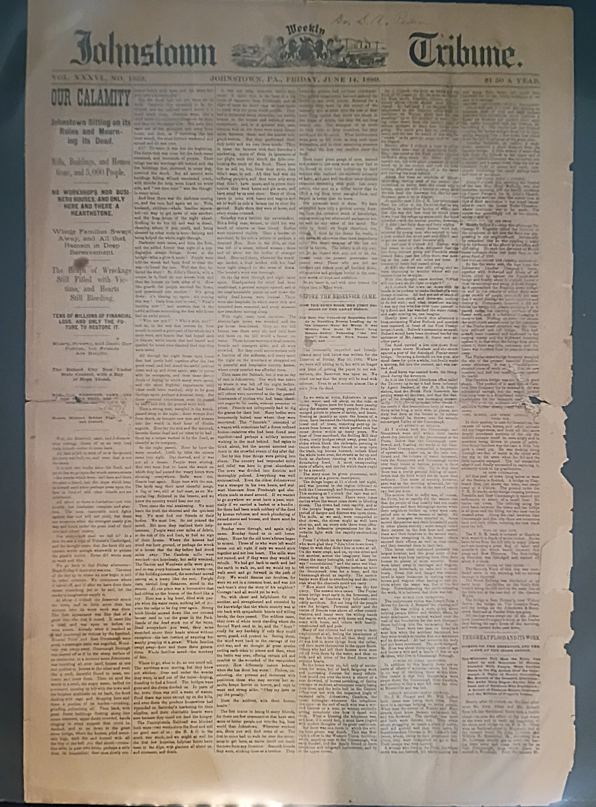 1889 JOHNSTOWN FLOOD - ORIGINAL JOHNSTOWN TRIBUNE FRONT PAGE & OTHER ORIGINALS