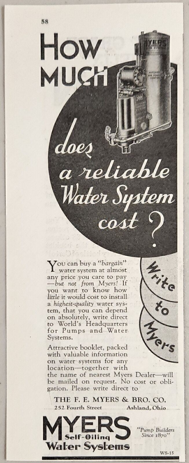 1933 Print Ad Myers Self-Oiling Water Systems Made in Ashland,Ohio