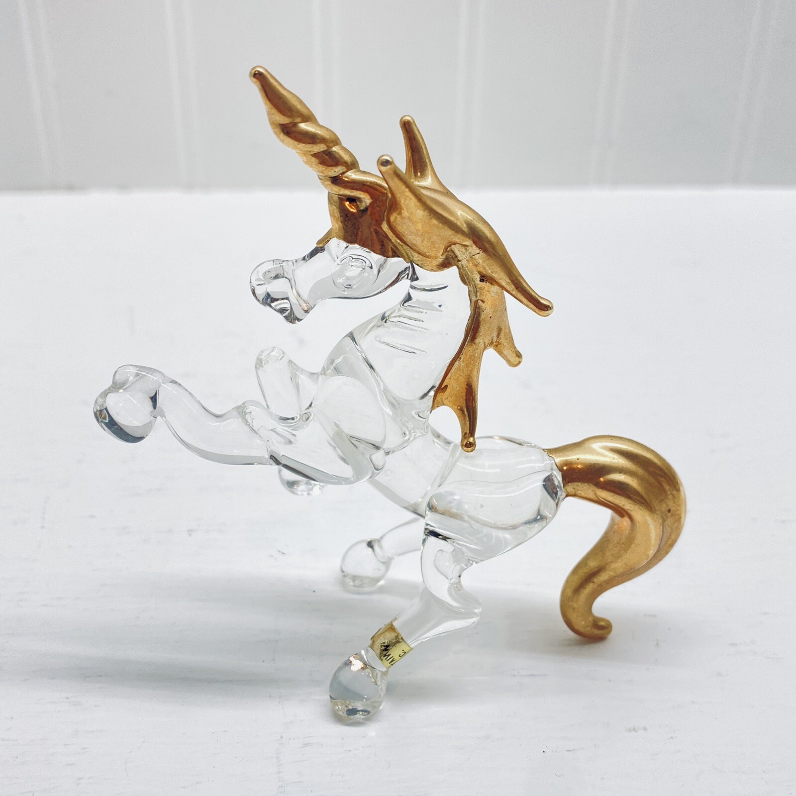 Hand Blown Art Glass Unicorn Figurine Clear Gold Accents