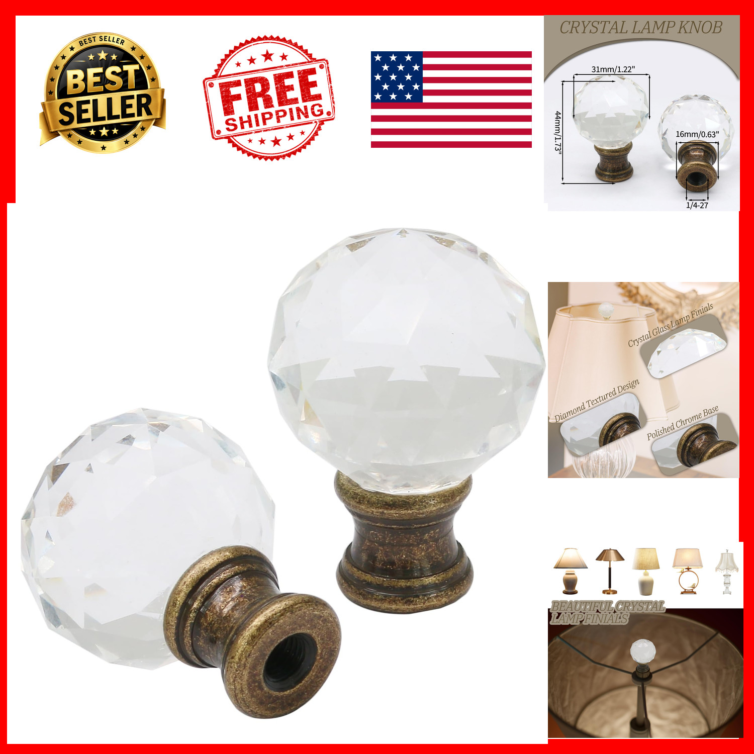 Lamp Finial Clear Crystal Glass Bronze Base 2 Pack 1/4-27 Thread 1.73 Inch Tall