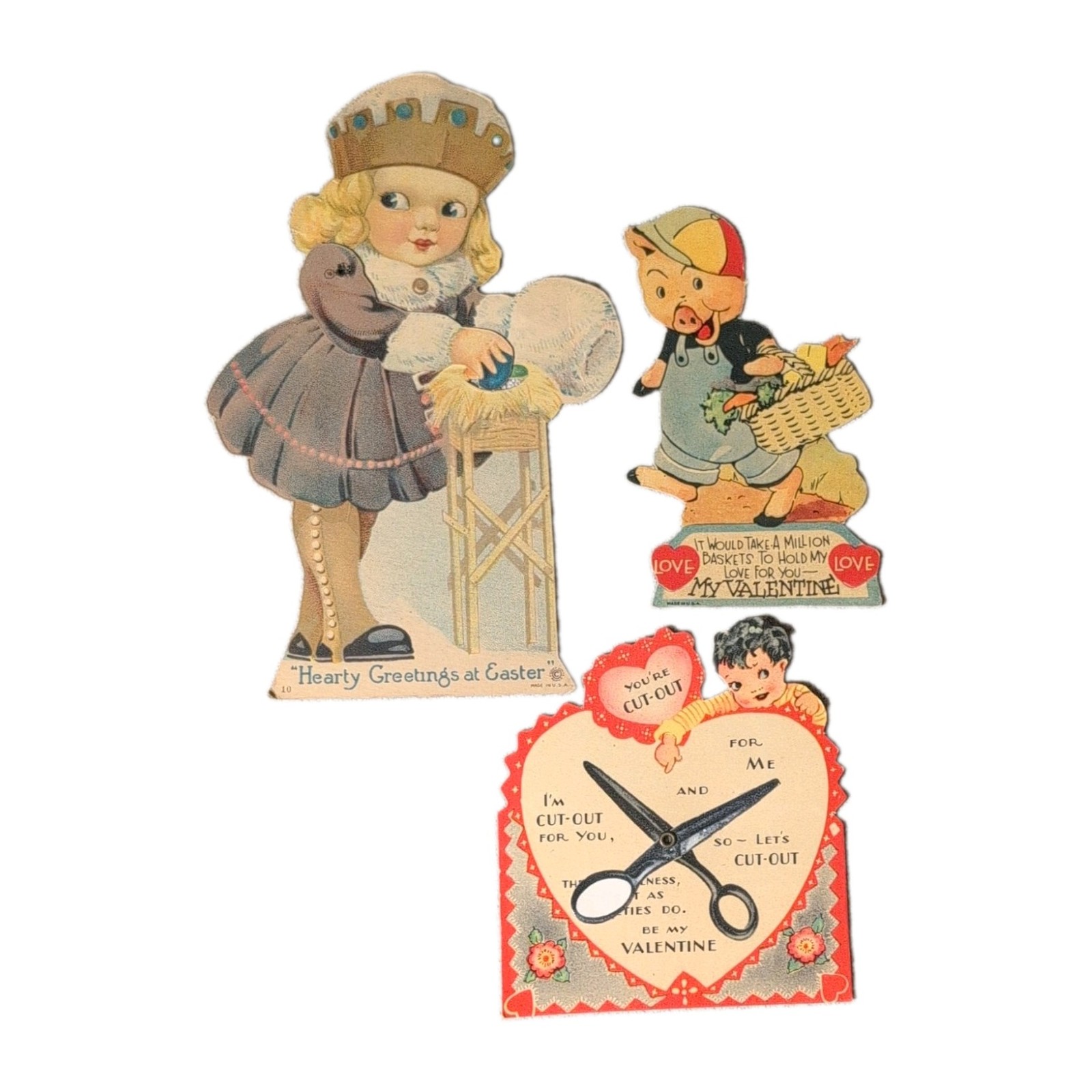Lot of 3 1920-1930 Greeting Cards Easter & Valentine Cut-Out Stand-Up Cards