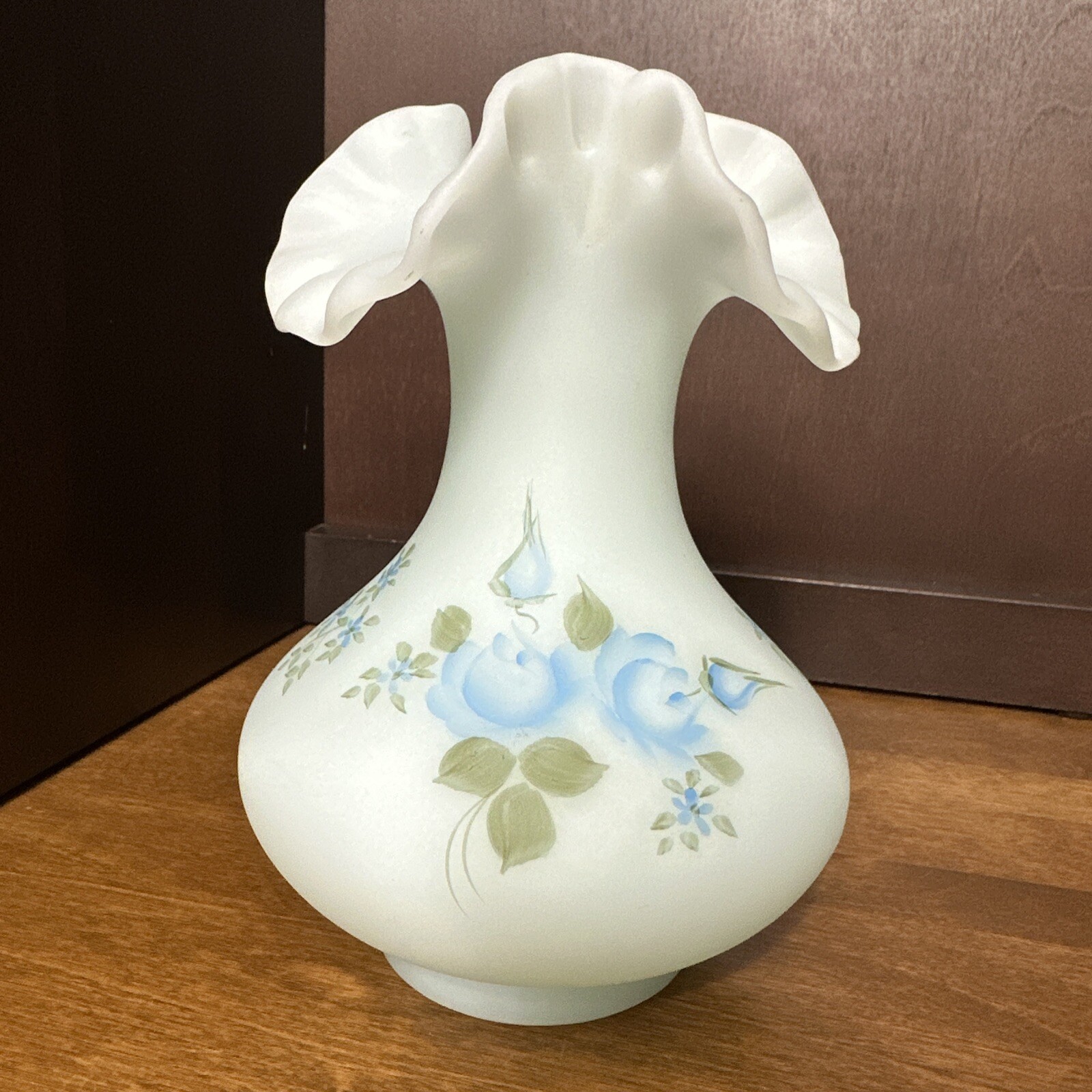 Vintage Fenton Blue Satin Glass Hand Painted Signed Floral Vase  Ruffled Rim 7”