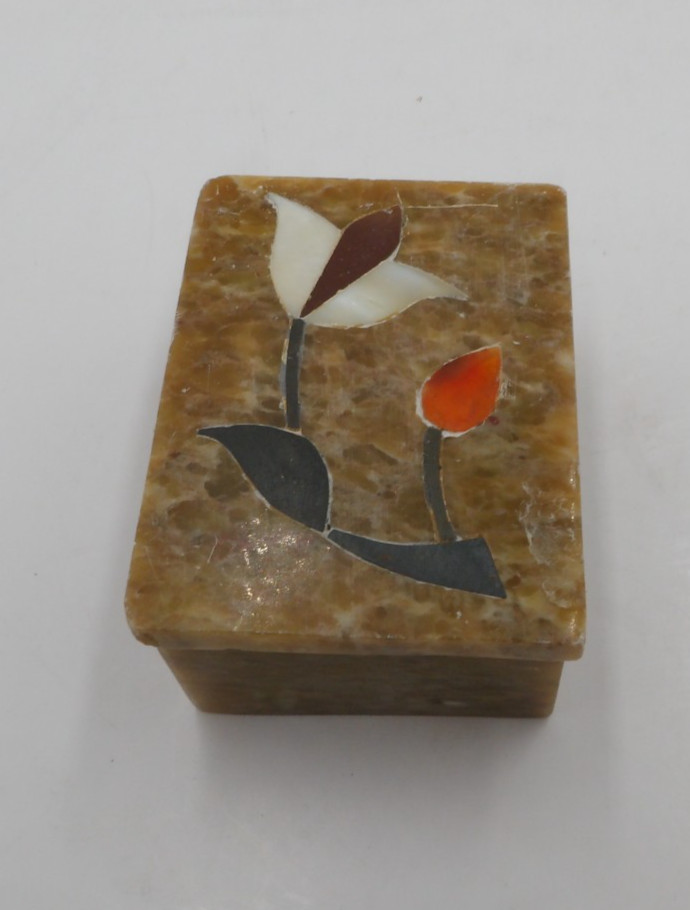 Vintage Rectangular Stone Marble Trinket Box with Floral Design, Very Small