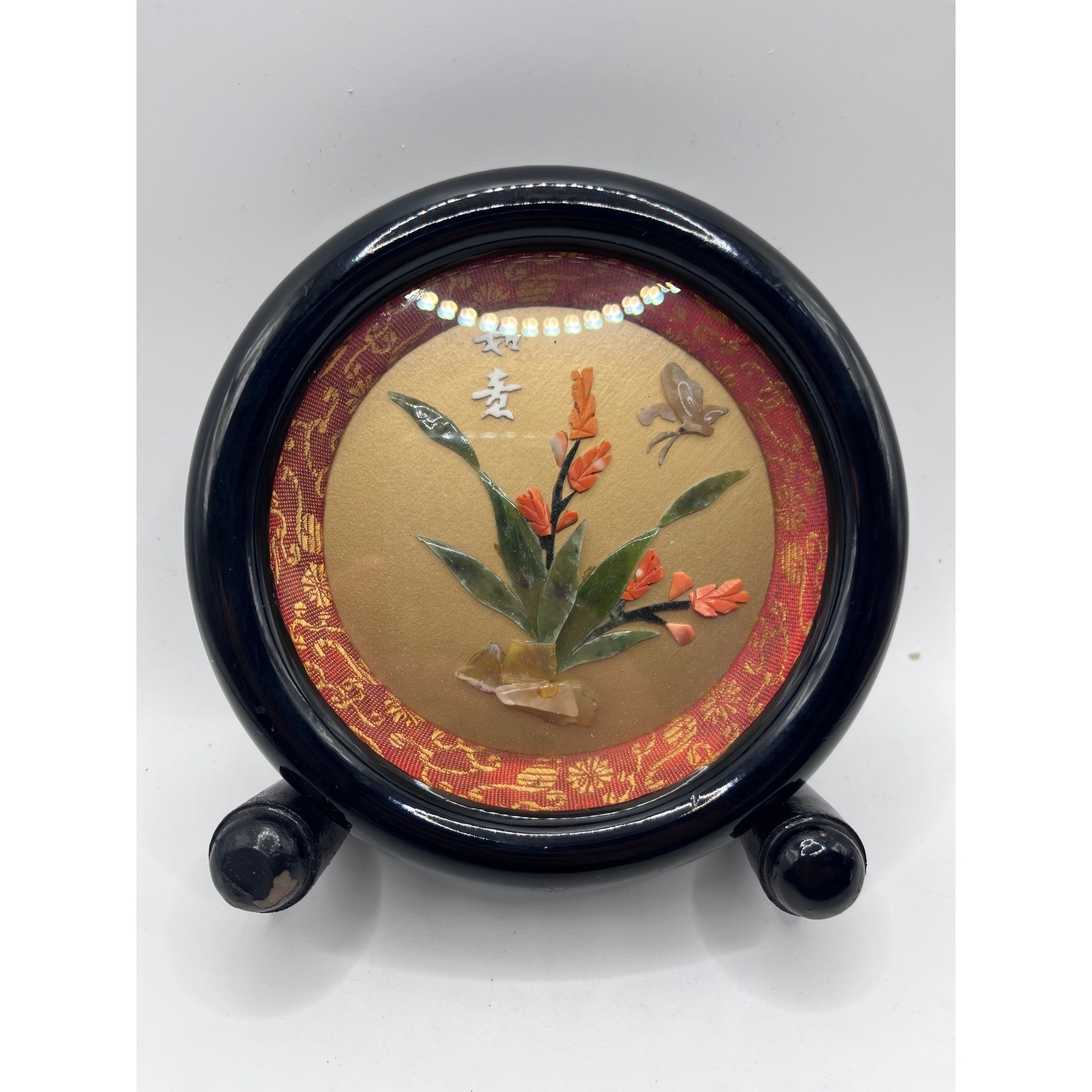 Vintage Chinese Jade Stone Relief Floral Butterfly Tabletop Art Plaque Frame Vintage Chinese Jade Stone Relief Floral Butterfly Tabletop Art Plaque Frame