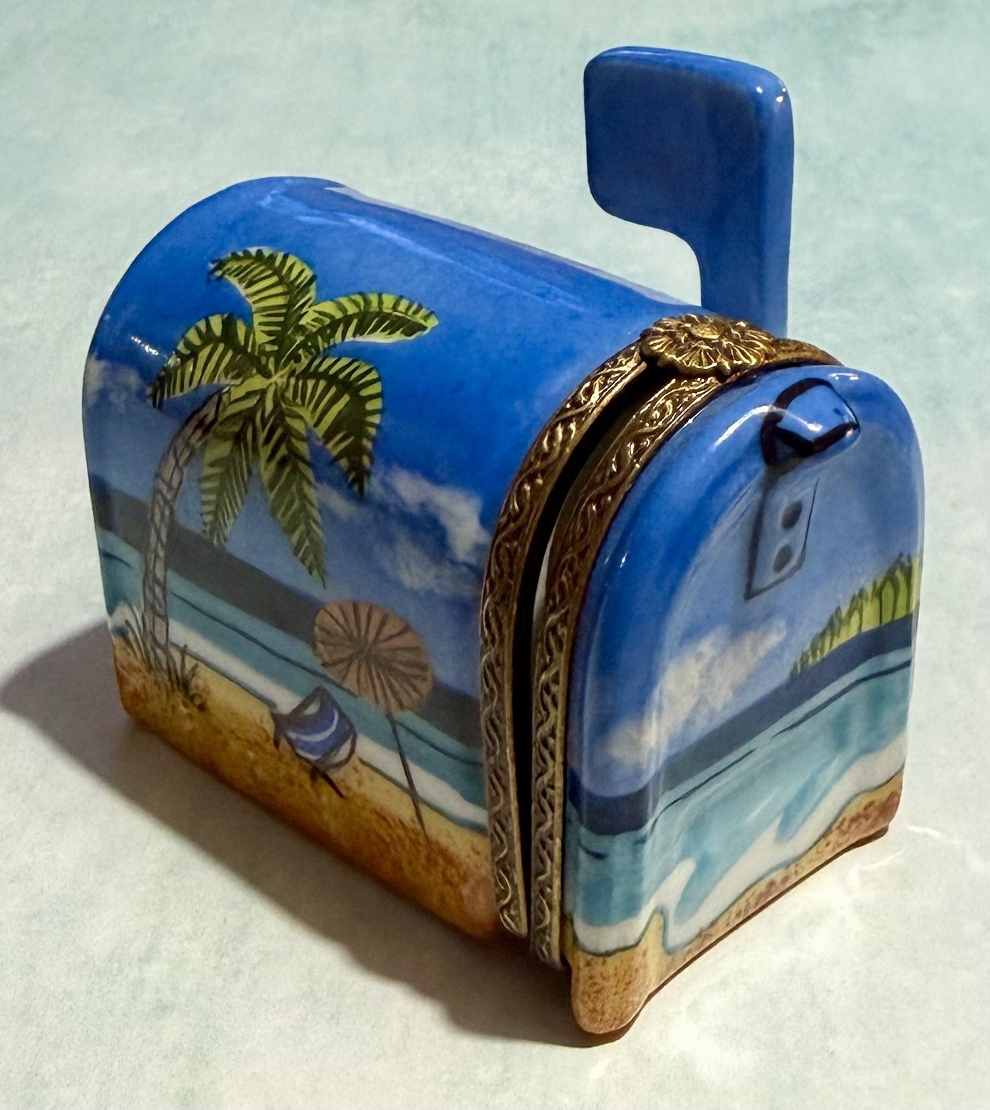 LIMOGES FRANCE Porcelain Trinket Box MAILBOX & BEACH SCENE TROPICAL COCKTAIL
