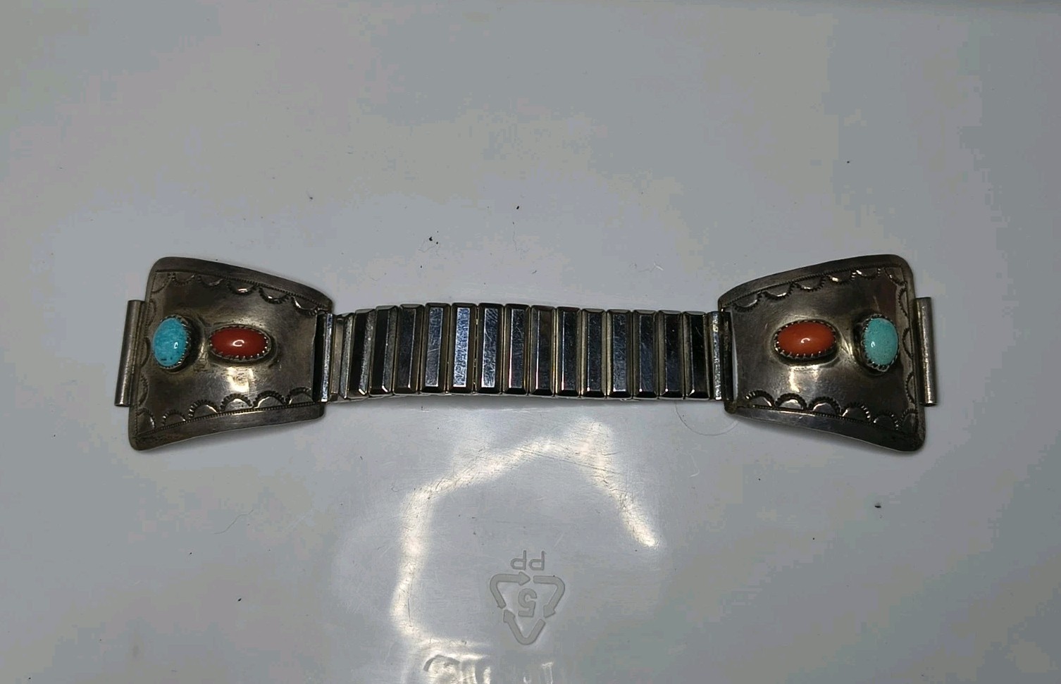 Vtg. Native American Old Pawn Navajo Sterling Silver Turquois Coral Watch Band Vtg. Native American Old Pawn Navajo Sterling Silver Turquois Coral Watch Band