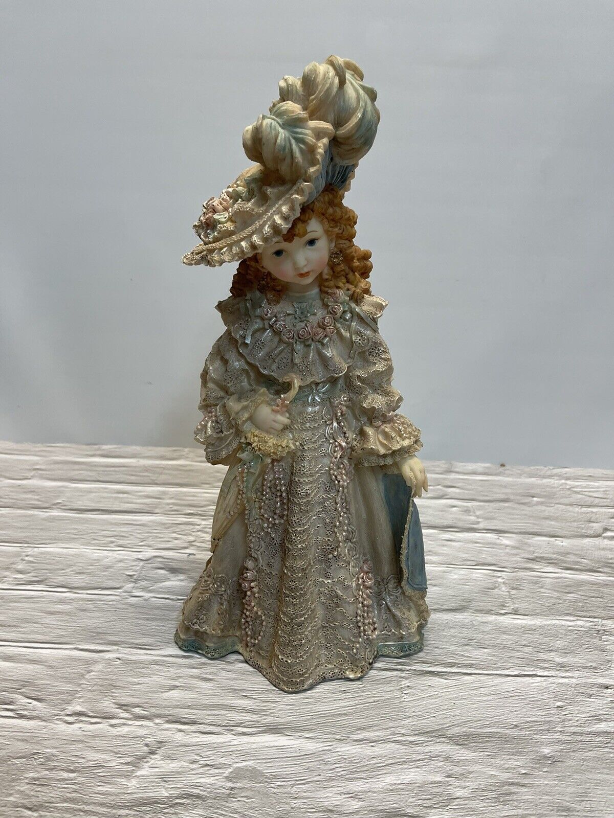 Victorian Lady With Large Hat . Blue And Tan Dress. Vintage. 15 Inch Tall