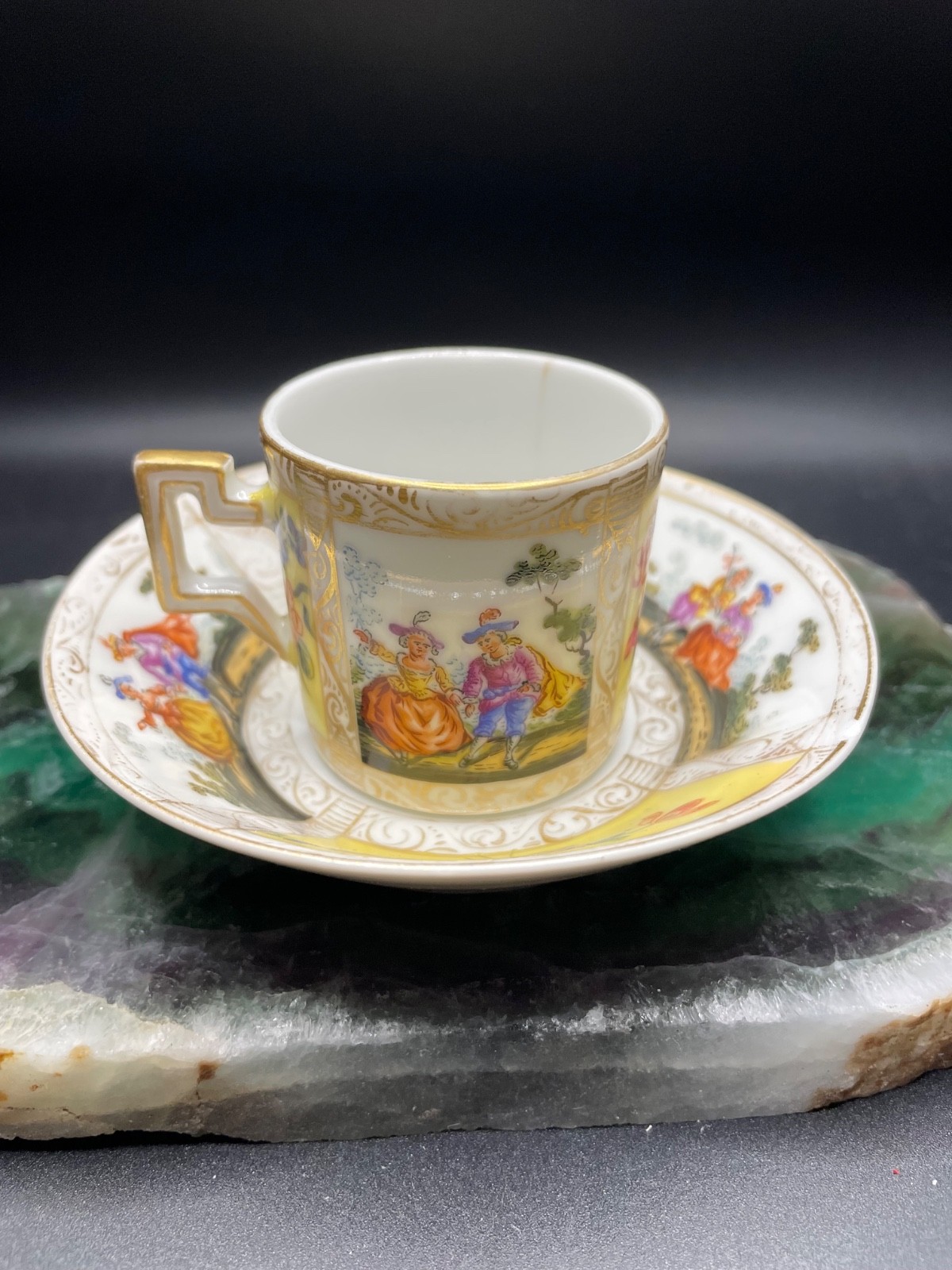 Antique 19th Century Dresden Meissen Mini Cup Saucer Hand-painted Augustus Rex