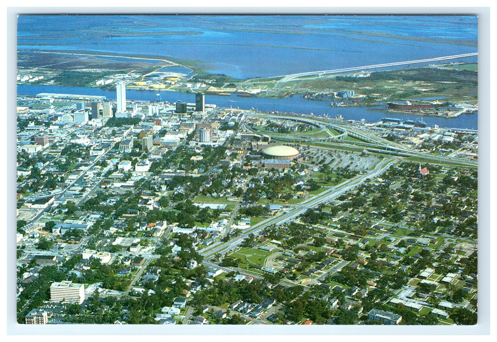 Mobile Alabama Aerial City Riverfront Downtown Buildings Harbor View AL Postcard