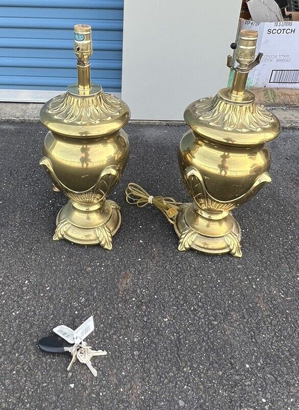 Pair Of Vintage Brass  Asian Inspired Brass Table Lamps Urn Stiffel