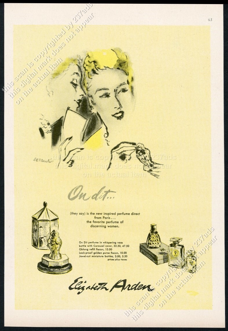 1947 Elizabeth Arden On Dit perfume vase bottle Rene Bouche art vintage print ad