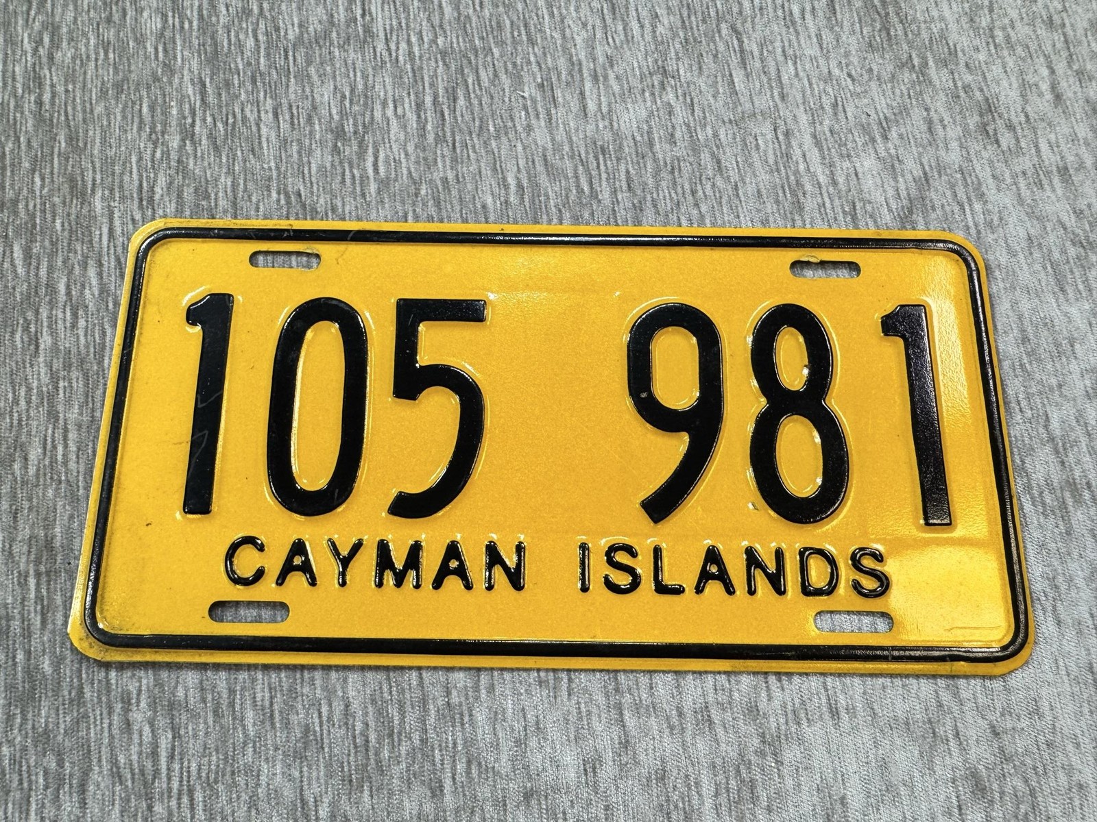 Vintage Cayman Islands License Plate 105 981 Yellow Black Metal Plate Souvenir