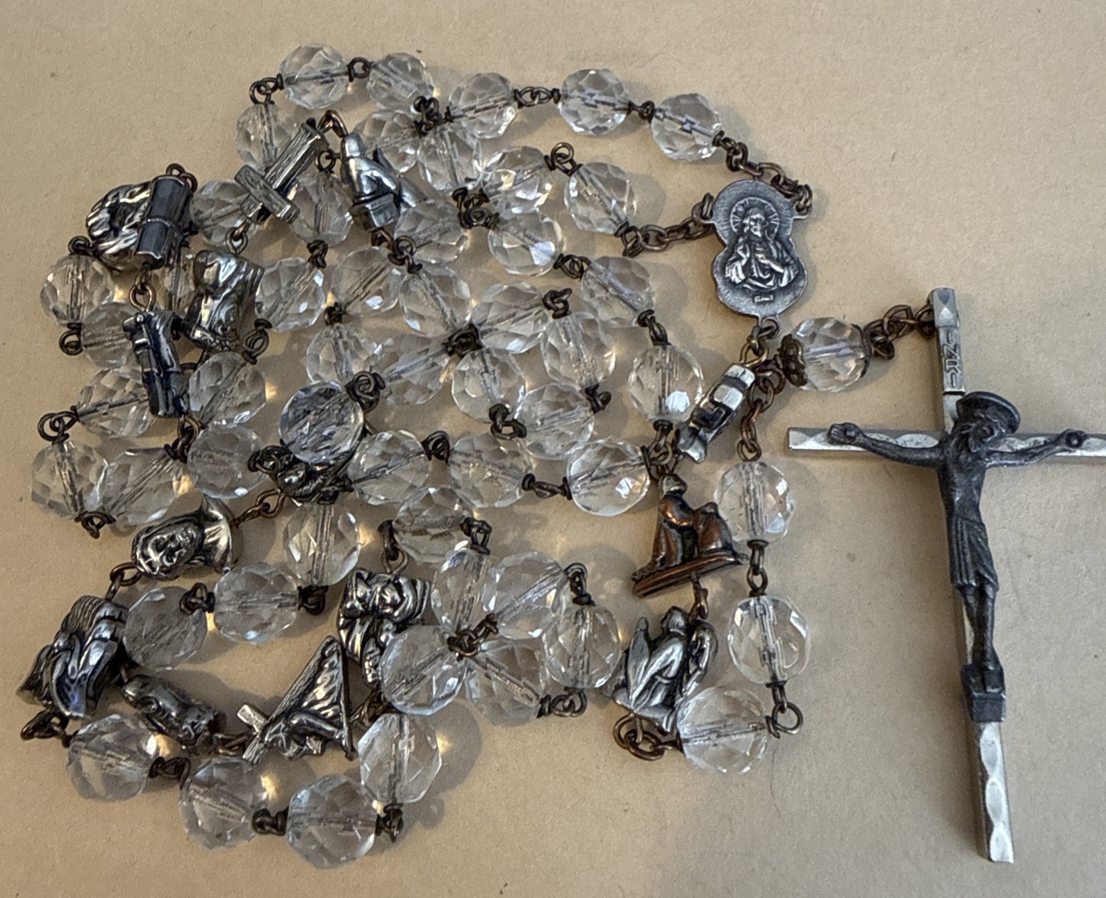 Vintage Italian Clear Faceted Beads Cross Rosary Italy Vintage Italian Clear Faceted Beads Cross Rosary Italy