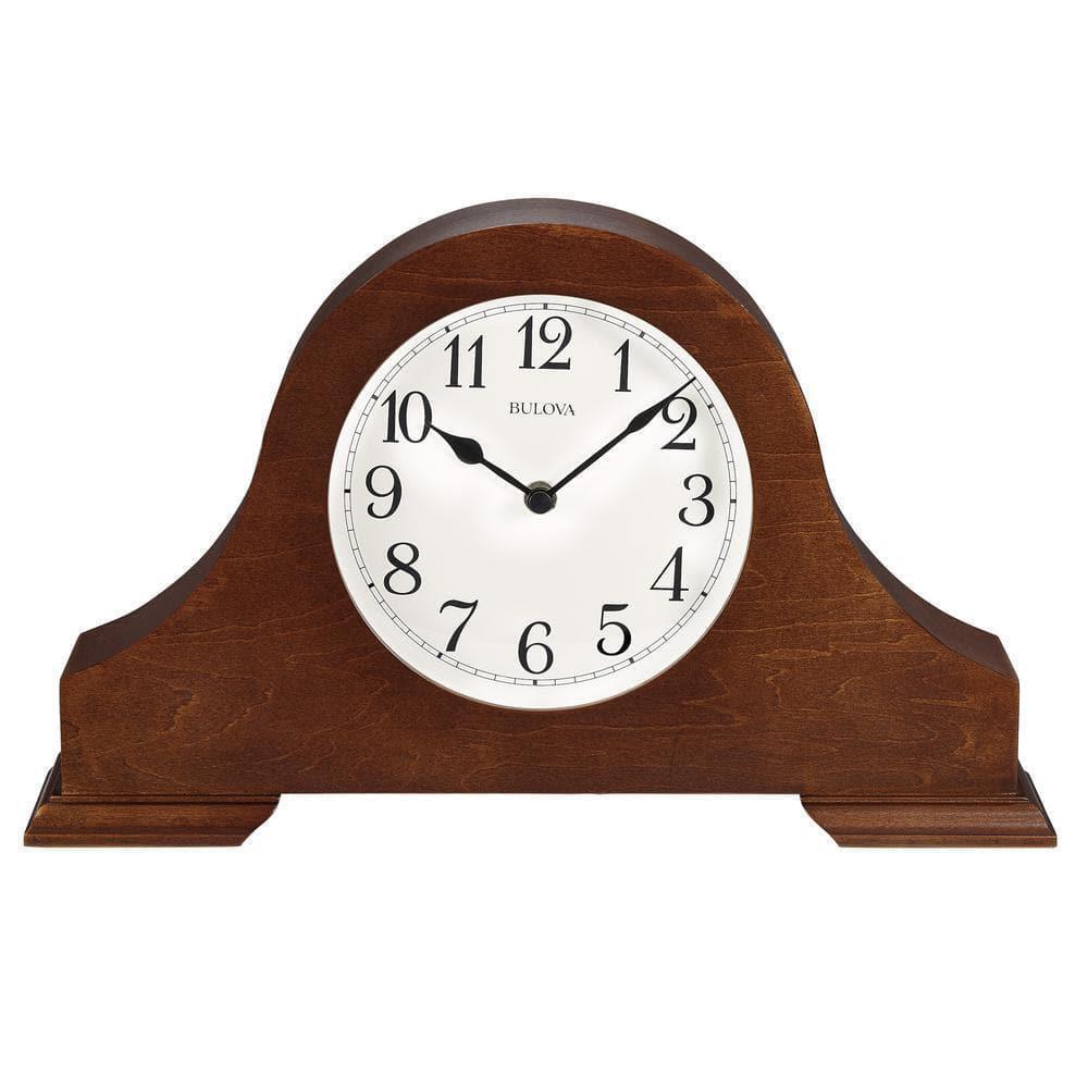 Bulova Table Clock Classic Design+Night Shutoff+Analog+Wood+Glass Lens Brown