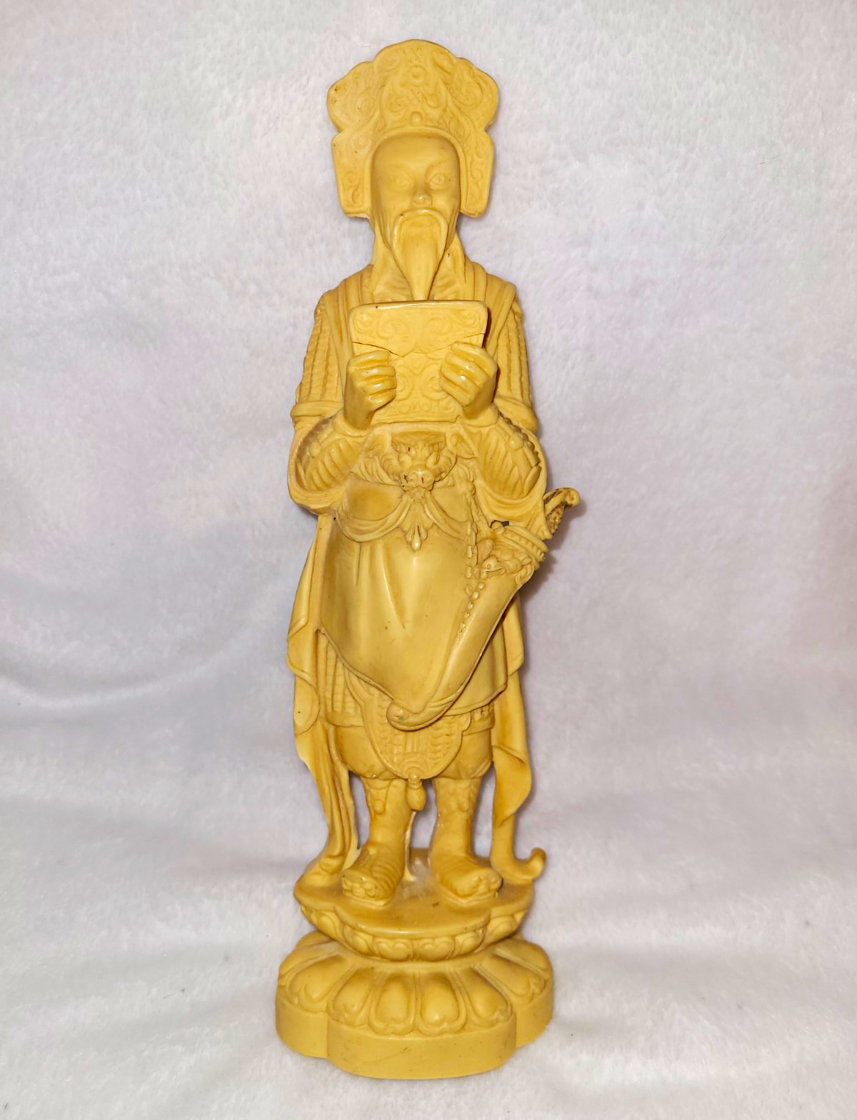 Chinese Figure Statue Holding Tablet/Scroll on Lotus Base Beige/Tan 9 in Tall