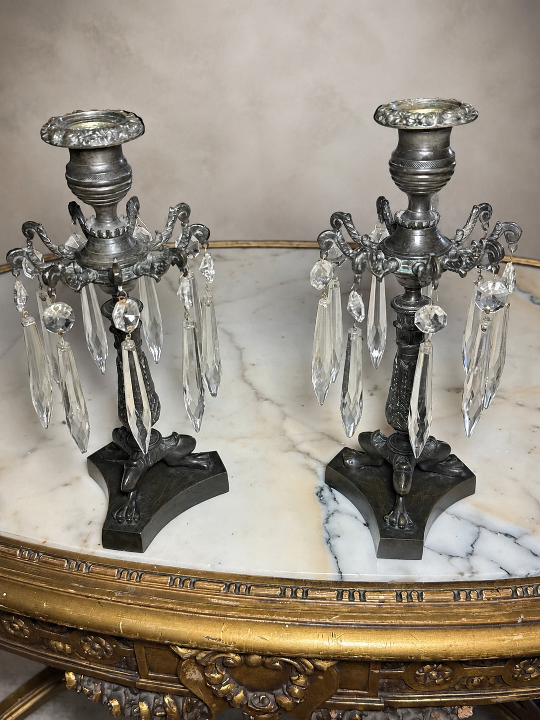 Antique 1830s English Victorian Cast Bronze Candlesticks Cut Glass Lusters Pair