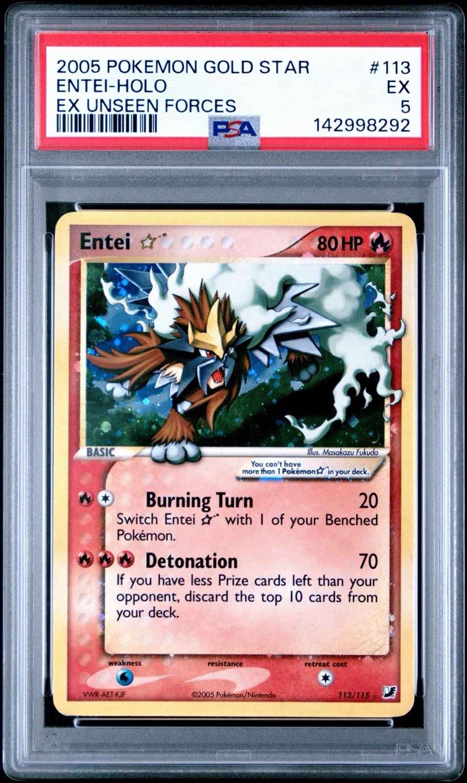 2005 Unseen Forces Entei Gold Star 113/115 PSA 5 English EX
