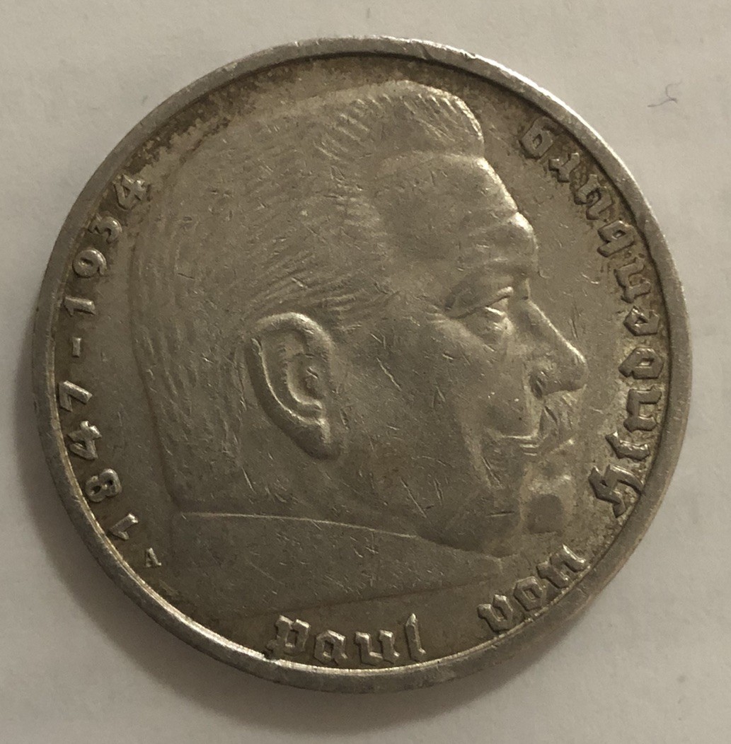 1937 A German Nazi 3rd Reich 5 Mark Coin Nice