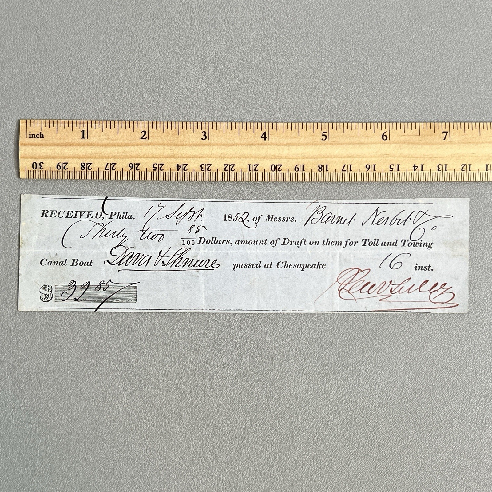 Antique 1852 Chesapeake Canal Boat Toll Towing Receipt Phila Davis Schnure Vtg